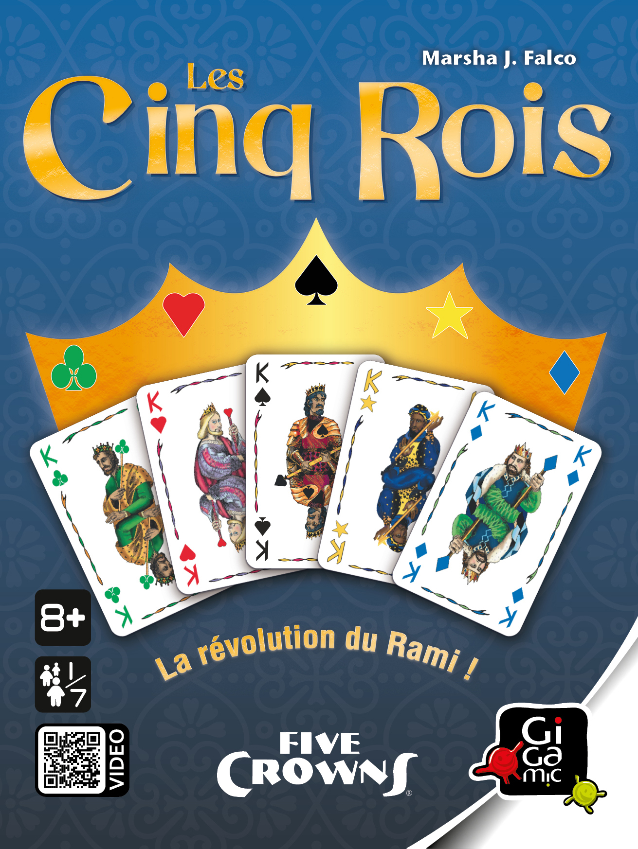 Les Cinq Rois Spielbox, mit Spielkarten mit Königen und einer Krone.
