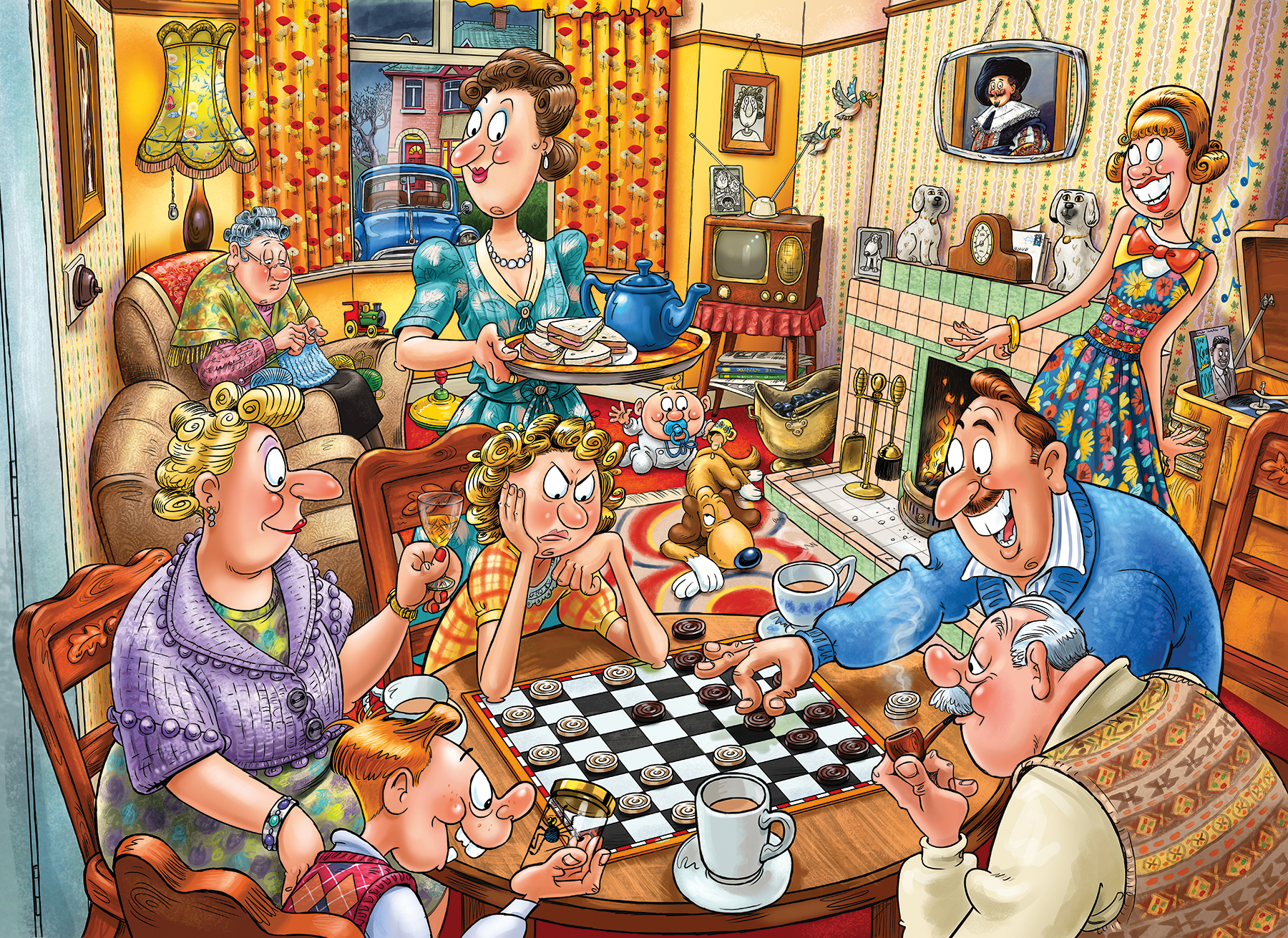 Ilustracja rodziny grającej w warcaby. Dorośli i dzieci siedzą wokół stołu. Kobieta serwuje herbatę.