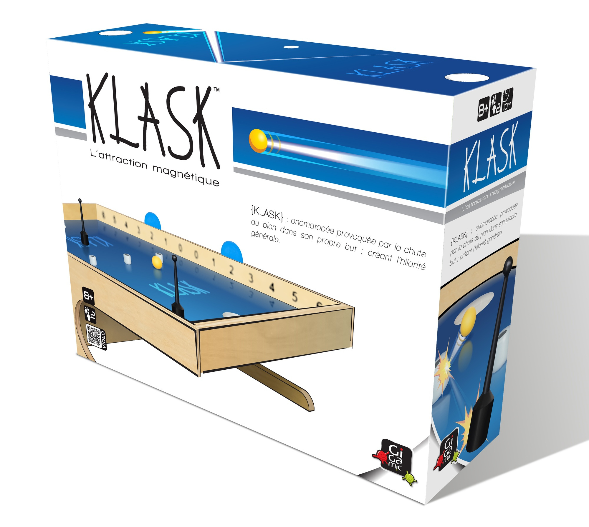 Pudełko do gry Klask. Pokazuje planszę i elementy gry. Pudełko jest niebiesko-białe z logo Klask.