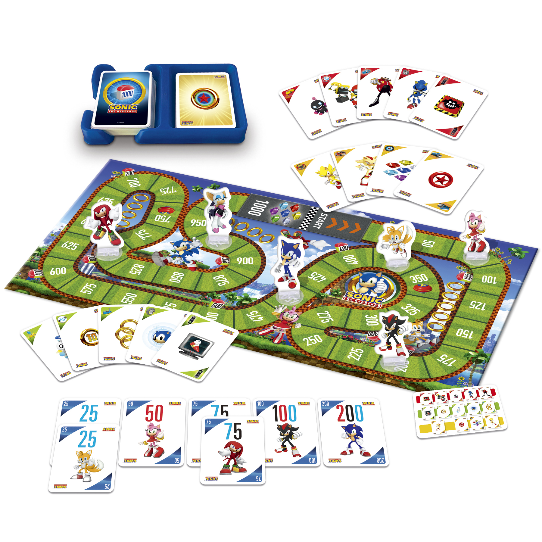 Gra planszowa Sonic the Hedgehog jest pokazana z kartami, pionkami i planszą z niebieskim pudełkiem.
