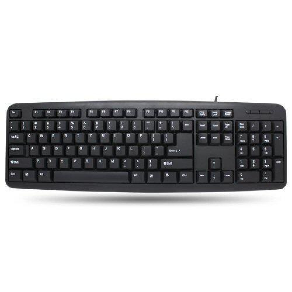 Un clavier noir avec des touches blanches. C'est un clavier pleine taille avec une disposition standard.