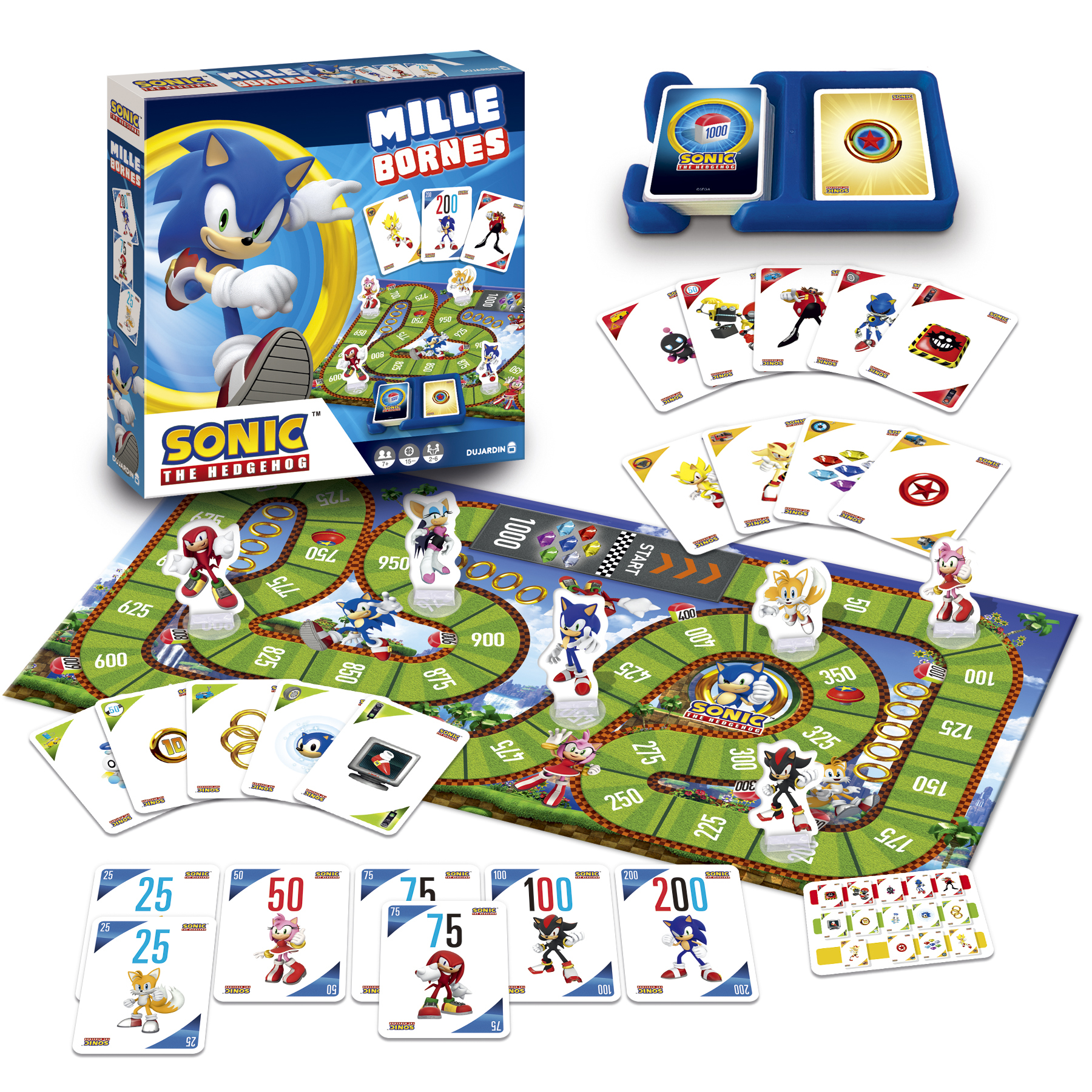 Gra planszowa Sonic the Hedgehog jest pokazana z kartami, pionkami i planszą z niebieskim pudełkiem.