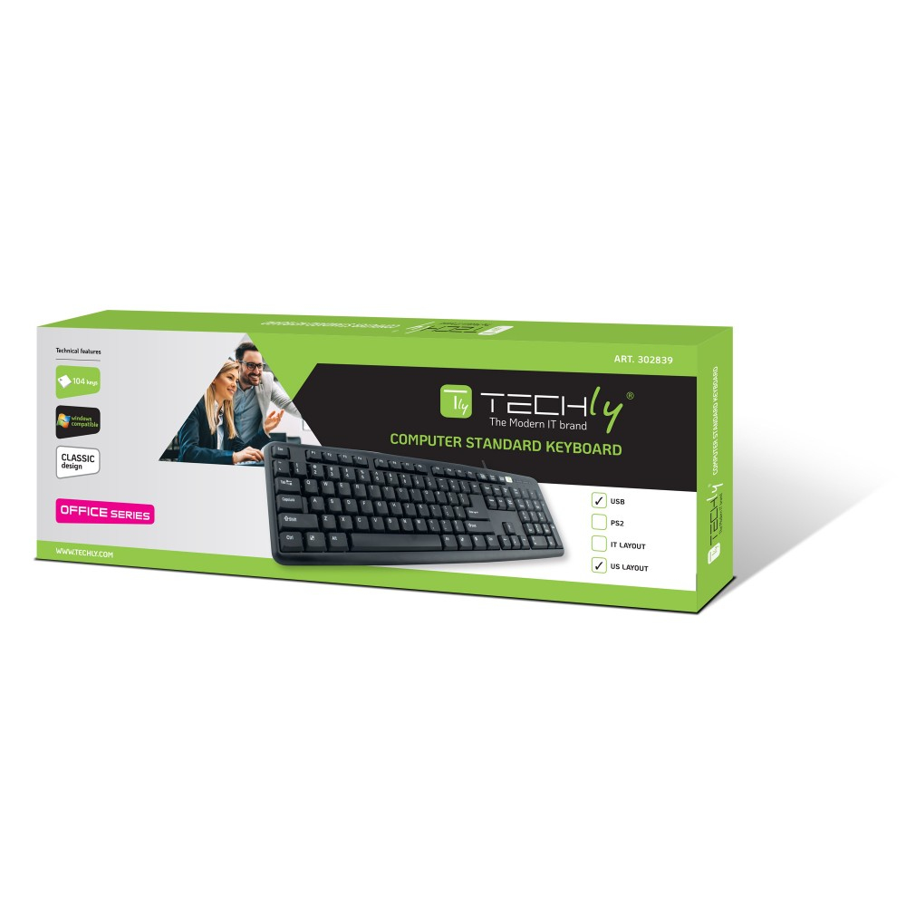 Une boîte de clavier avec une image de clavier noir, la marque 'TECHly' et les mots 'COMPUTER STANDARD KEYBOARD'.