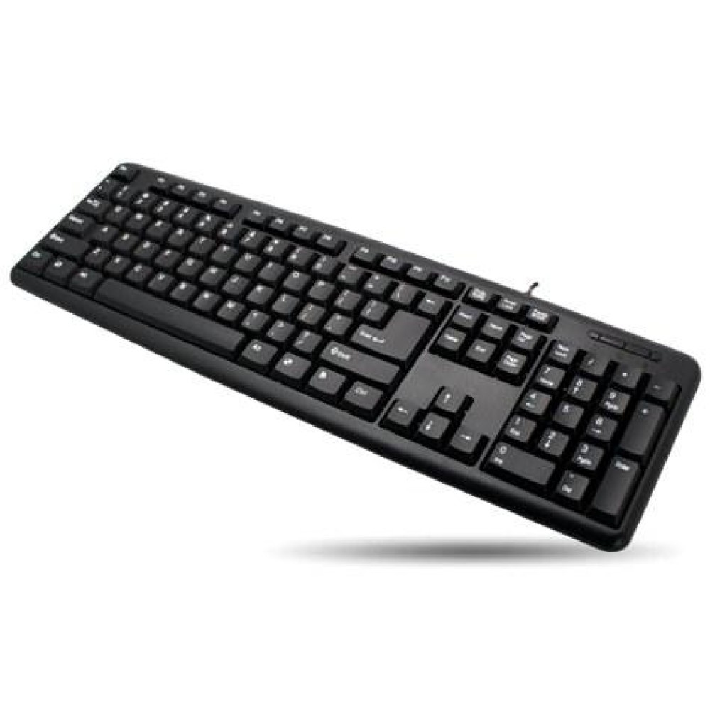 Clavier noir sur fond blanc. Les touches sont visibles. Pavé numérique et touches de fonction présents.