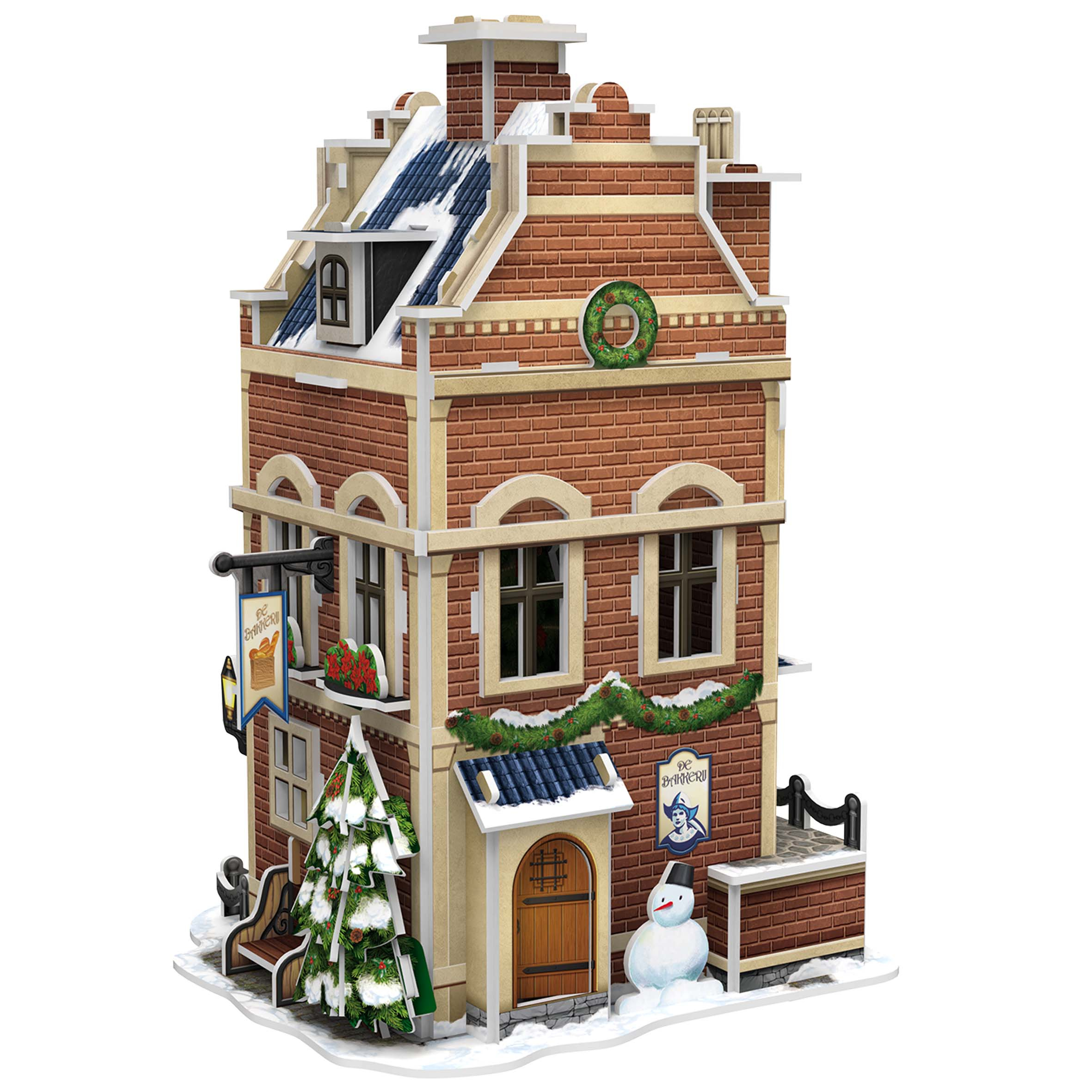 Modello di edificio a tema natalizio. Muri in mattoni rossi, tetto innevato e decorazioni festive.