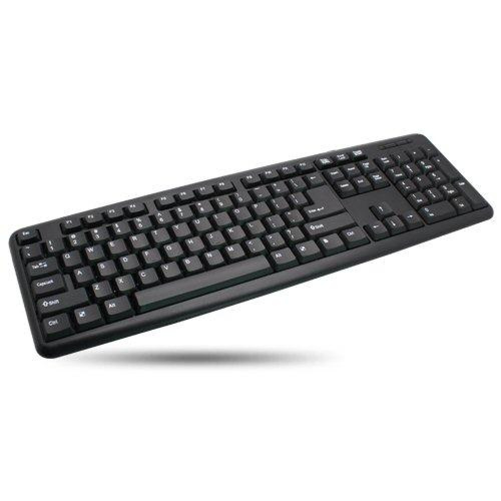 Clavier noir avec de nombreuses touches sur fond blanc.