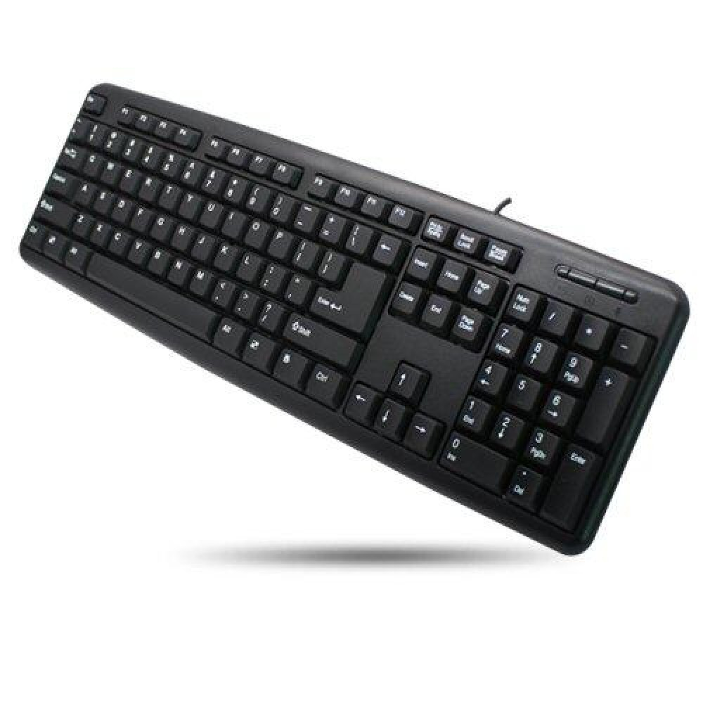 Clavier noir. Le clavier a de nombreuses touches avec lettres, chiffres et symboles. Sur fond blanc.