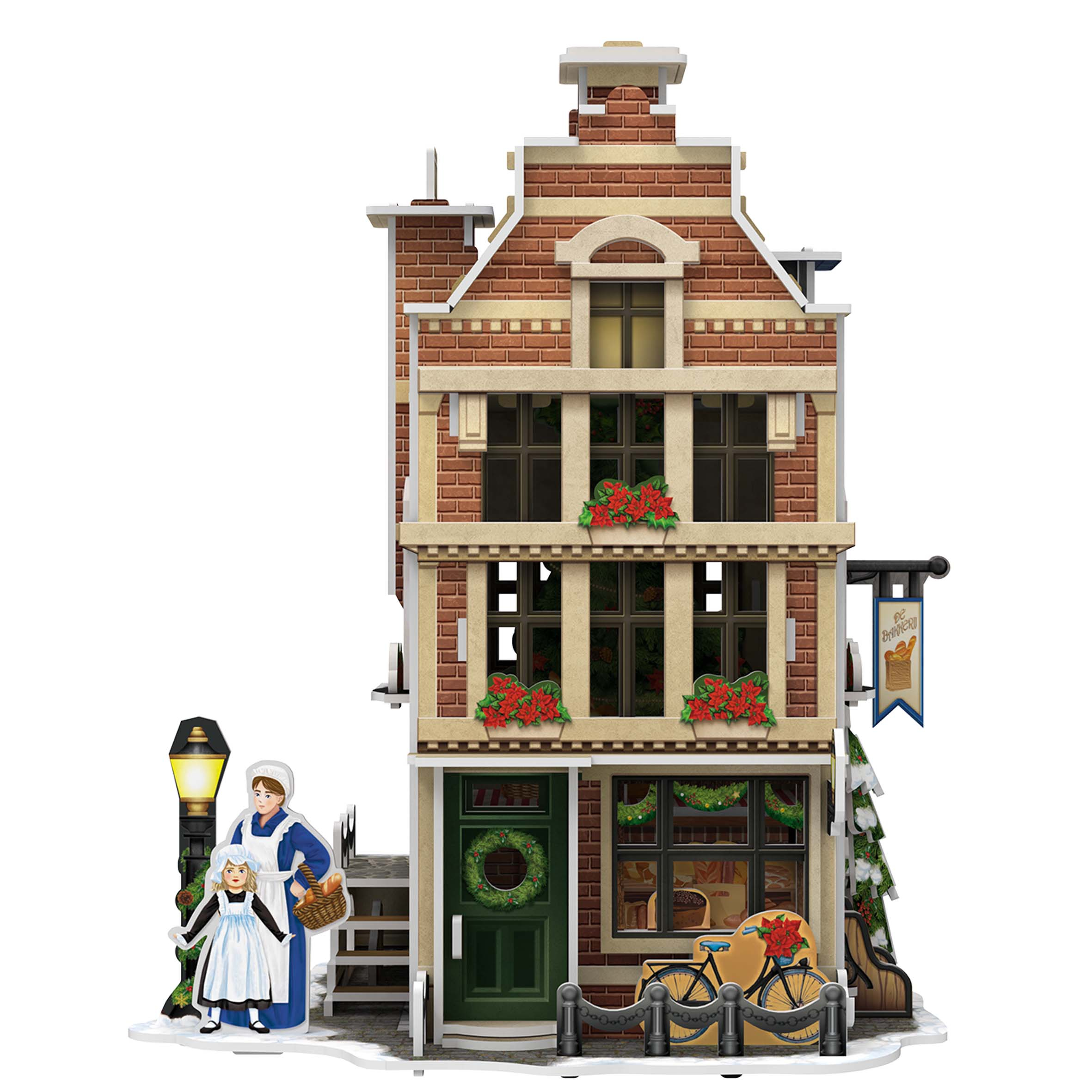 Un modello 3D di un edificio in mattoni con un'insegna di panetteria, una donna, un bambino e un albero di Natale.