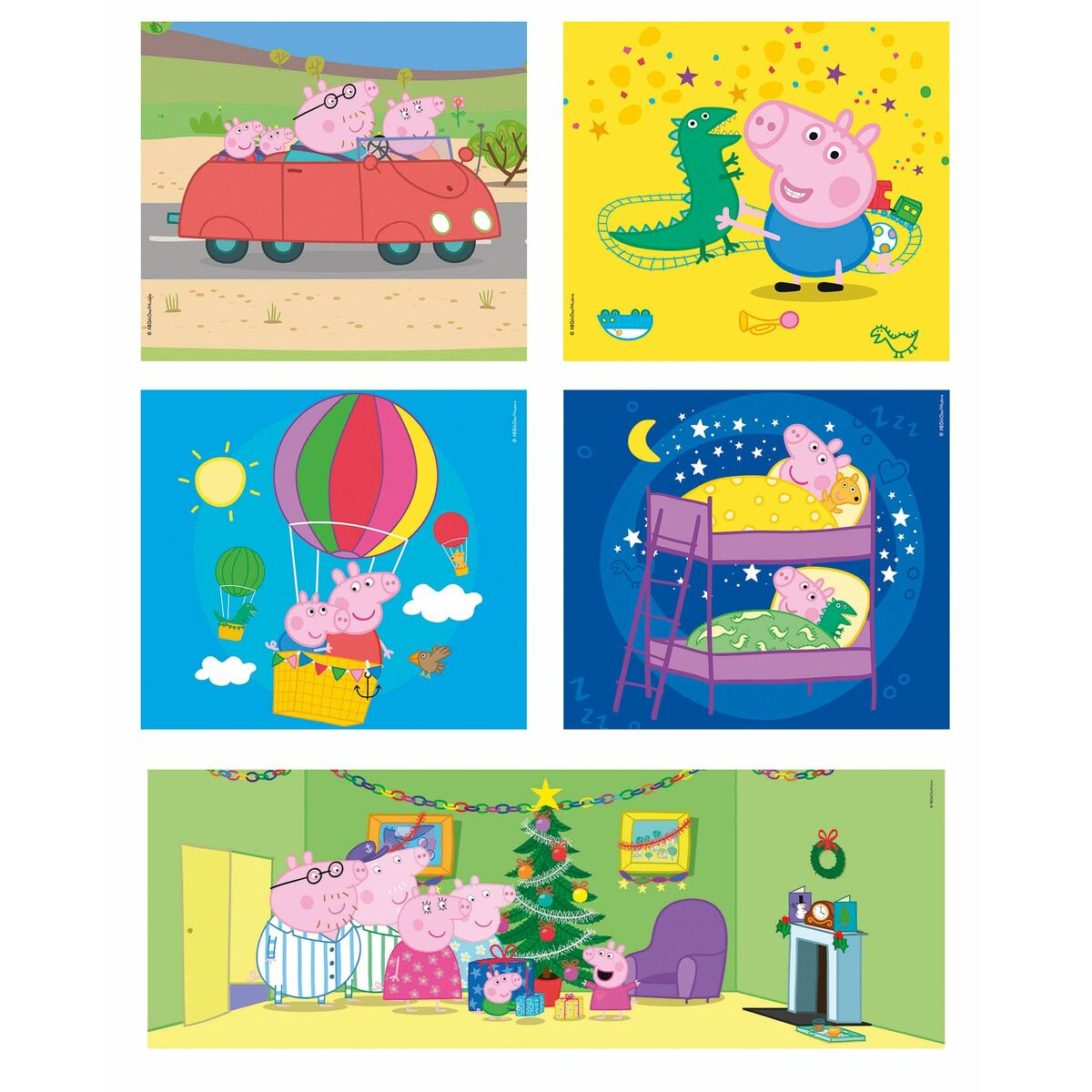 Un collage di immagini di Peppa Pig: Peppa in macchina, con un dinosauro, in mongolfiera, a letto e intorno a un albero di Natale.