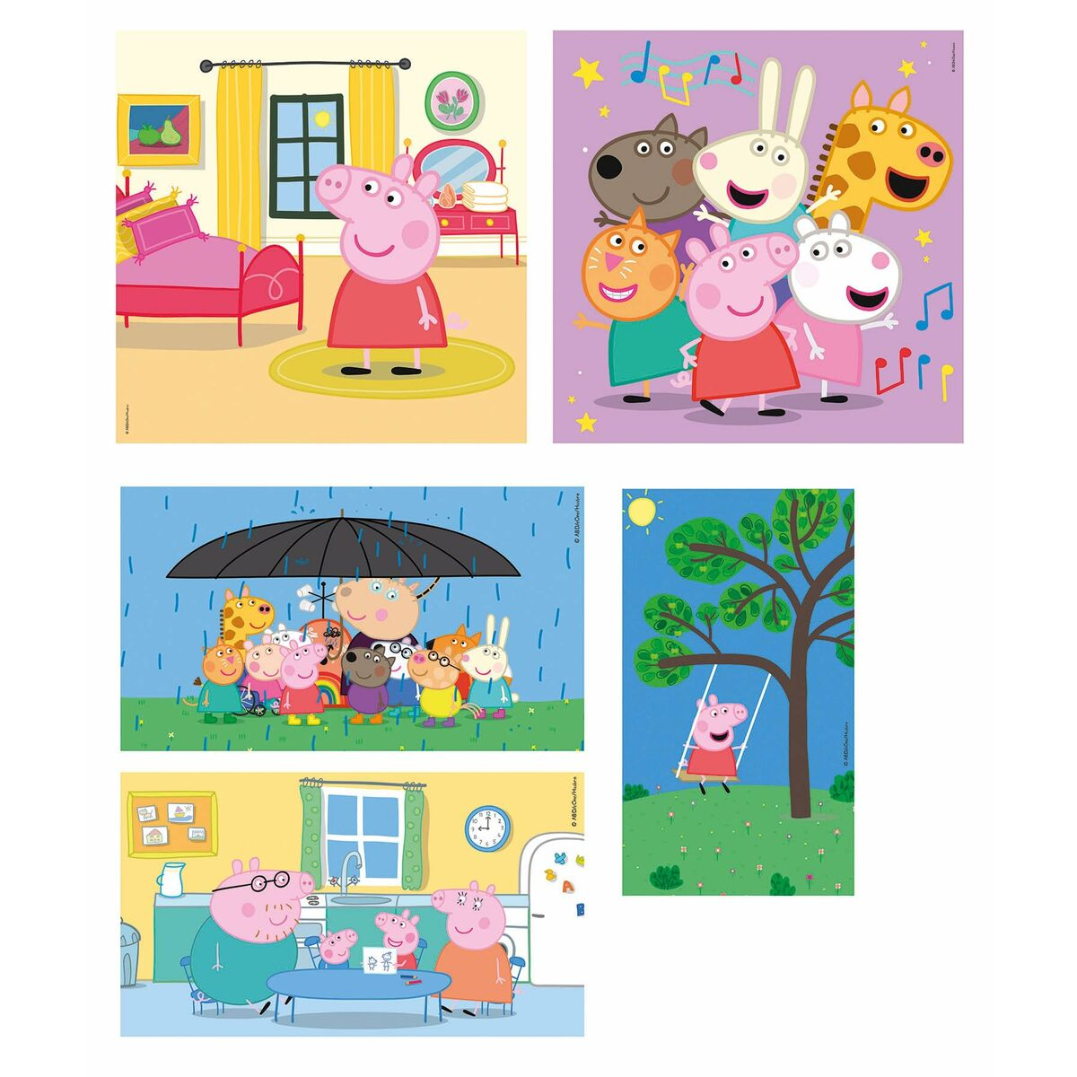 Varie immagini dei personaggi di Peppa Pig in diverse scene, tra cui una camera da letto, un gioco e un picnic.