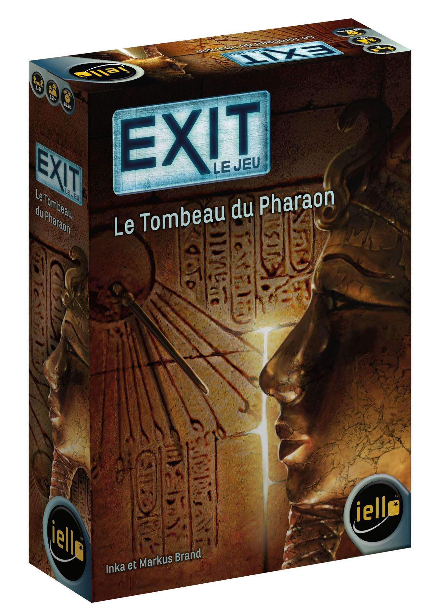 Scatola del gioco da tavolo Exit, intitolato 'Le Tombeau du Pharaon', con geroglifici e faraone.