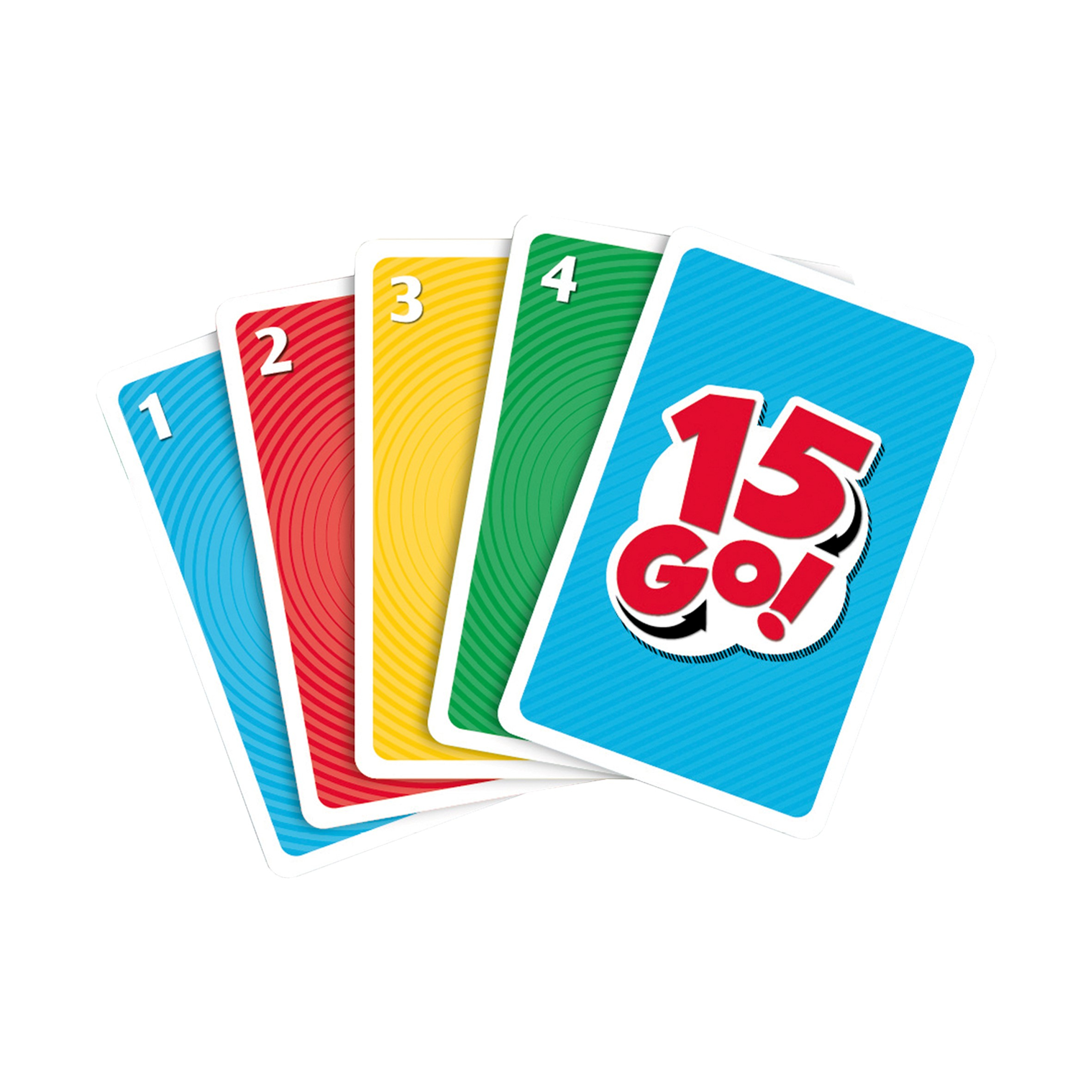 Vier speelkaarten met de nummers 1, 2, 3 en 4. De vijfde kaart heeft '15 Go!'