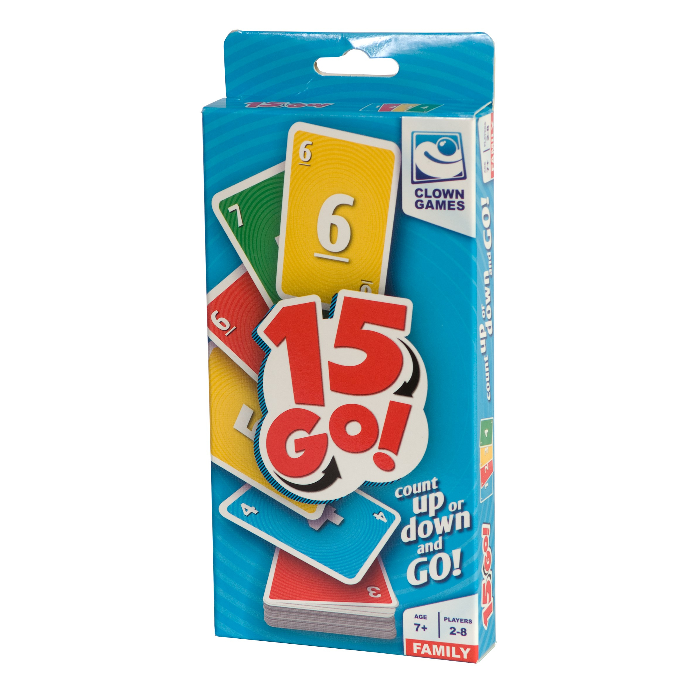 Een blauwe doos van het kaartspel '15 Go!' met genummerde kaarten op een witte achtergrond.