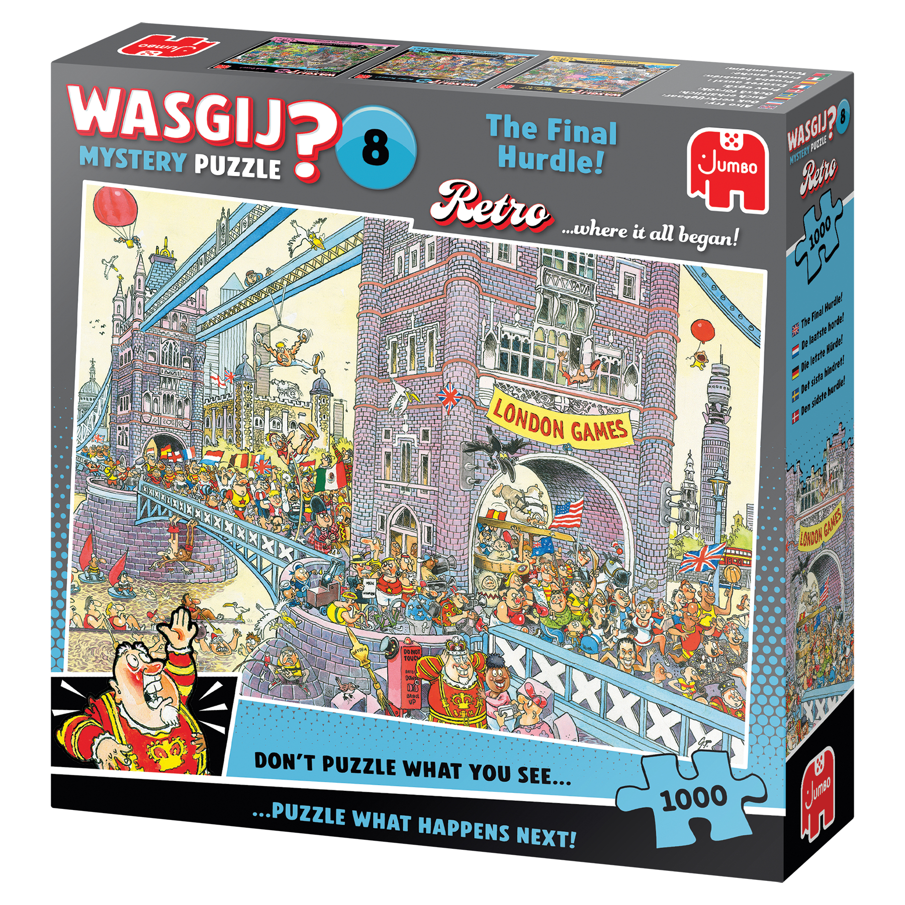 Een puzzelbox met een cartoon van Londen. De puzzel is 1000 stukjes. De doos is grijs.