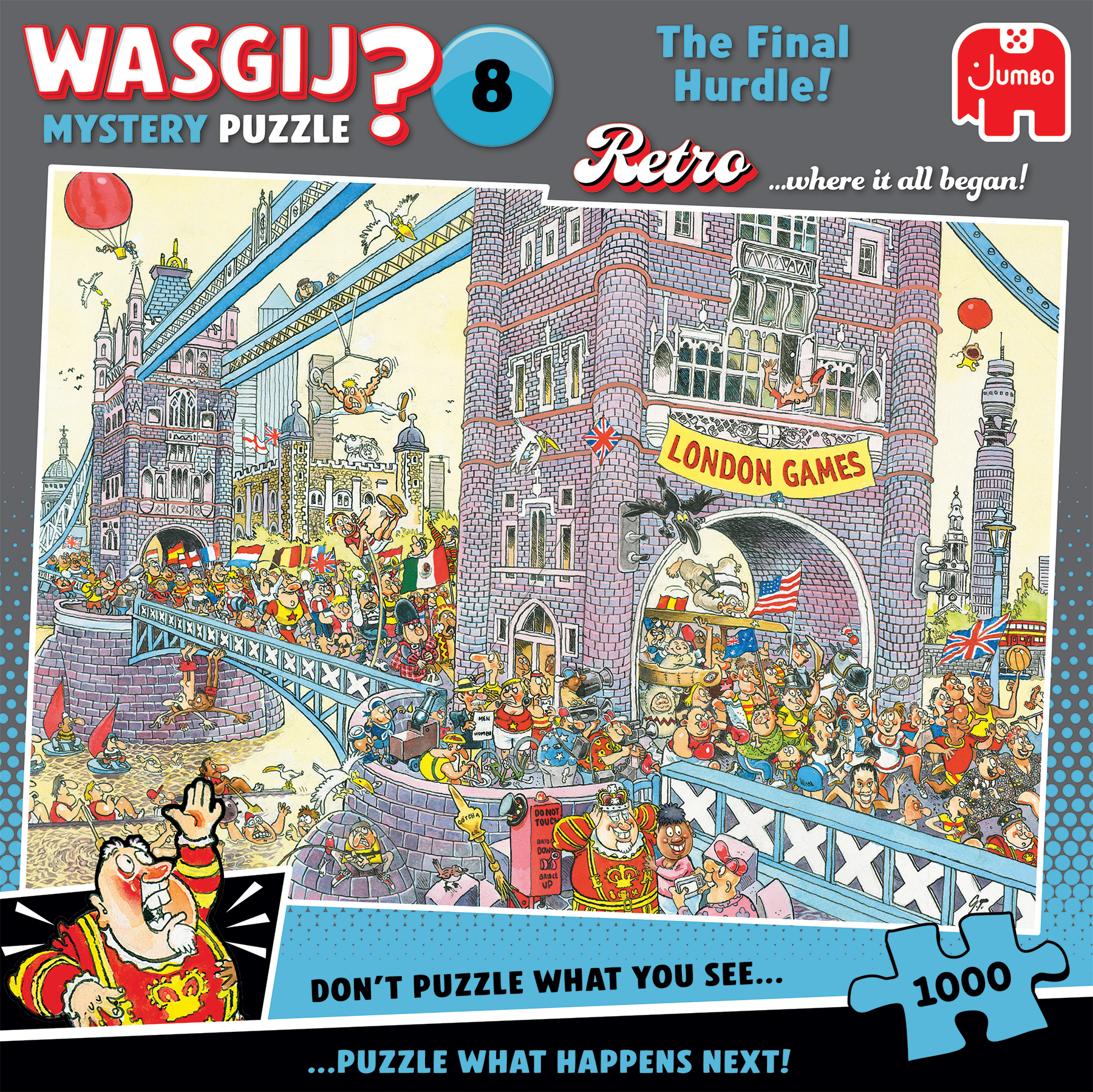 Een puzzelbox met een cartoonillustratie van Londen. De puzzel is 1000 stukjes.