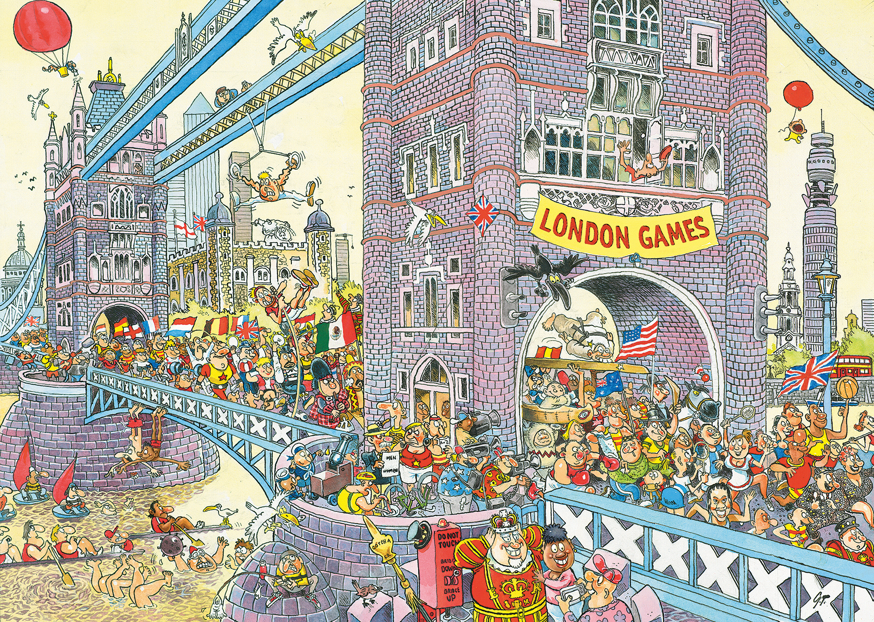Cartoon van de London Games met Tower Bridge, mensen, vlaggen en een bord.