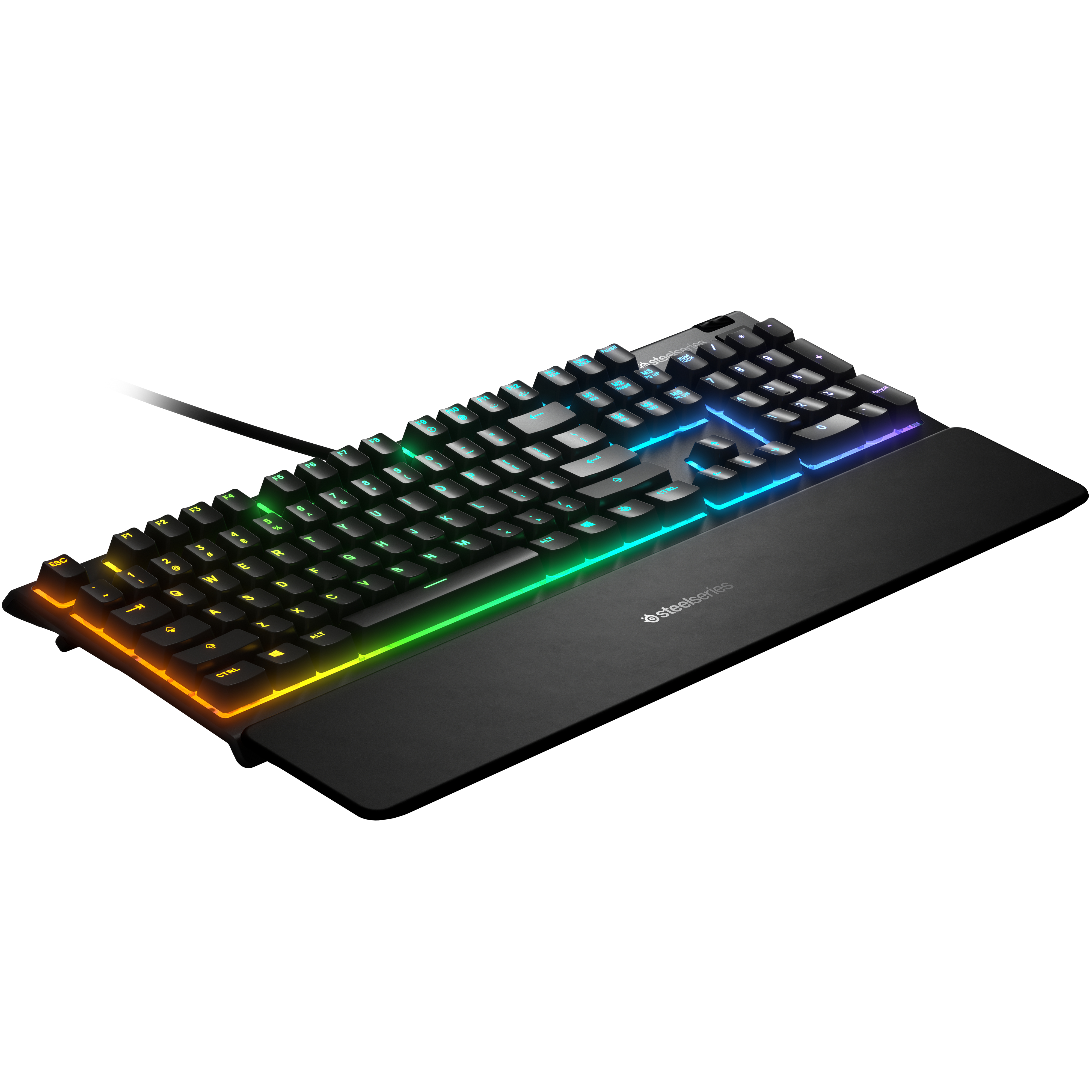 Tastiera da gioco nera con illuminazione LED colorata. Include un poggiapolsi. Logo SteelSeries.