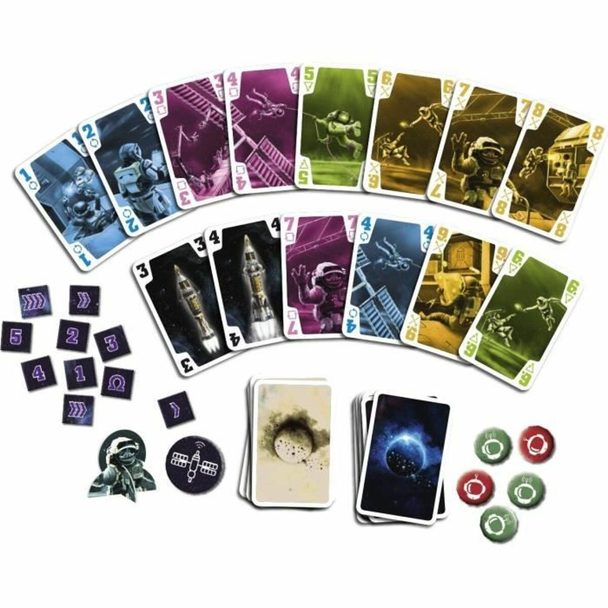 Karty i żetony z gry planszowej z ilustracjami o tematyce kosmicznej i różnorodnością kolorów.