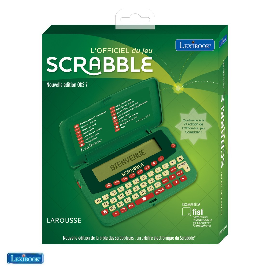 Zielone pudełko gry Scrabble. Pudełko jest otwarte, widać elementy gry.