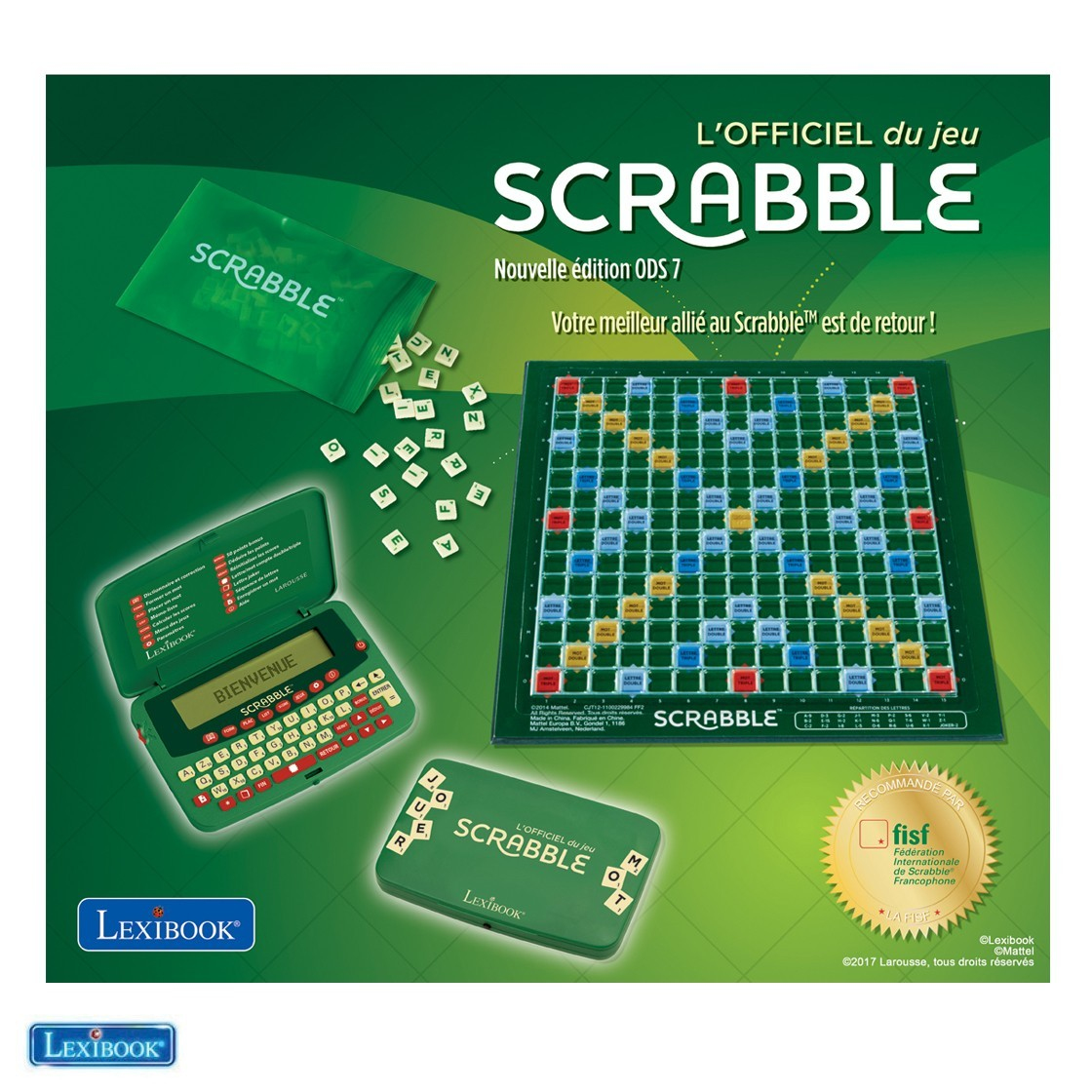 Gra Scrabble z planszą, kafelkami i urządzeniem elektronicznym na stole.