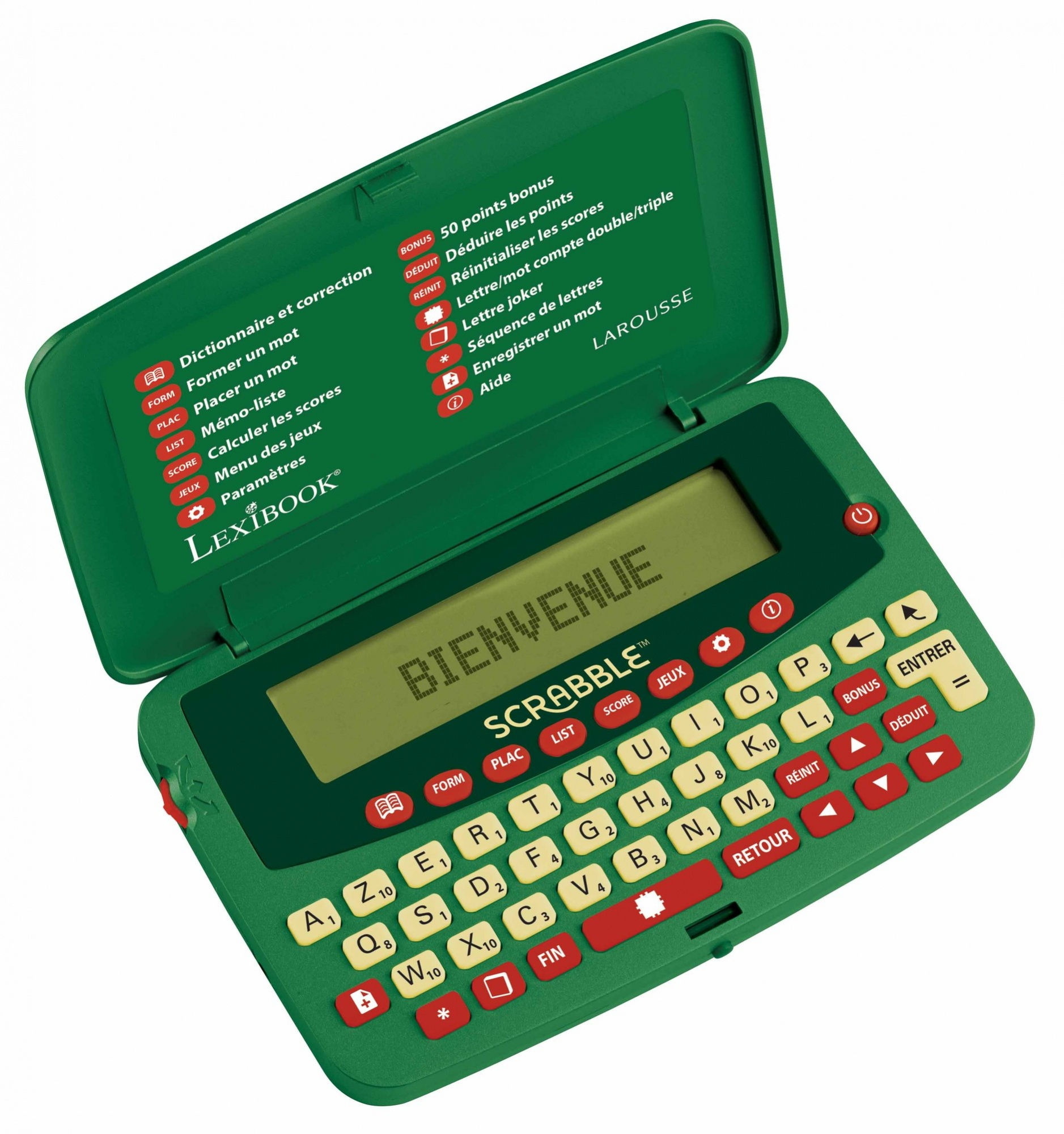 Zielona elektroniczna gra Scrabble od Lexibook. Ekran wyświetla 'Bienvenue'.