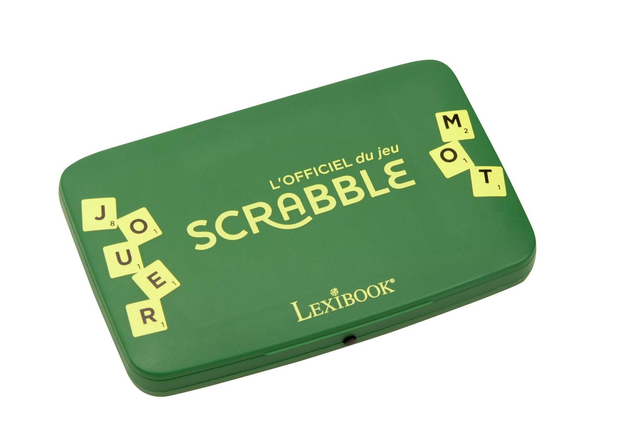 Zielona walizka do gry Scrabble z tytułem gry na okładce.