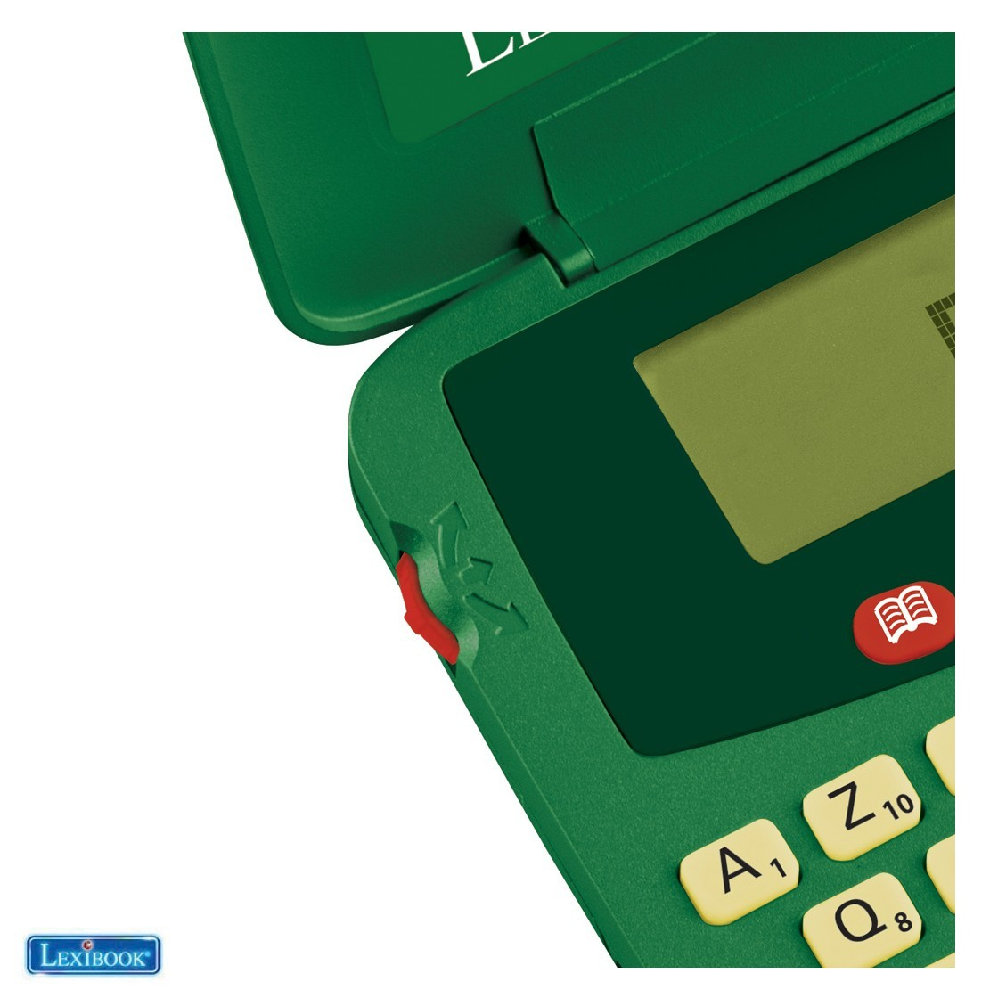 Zielona gra elektroniczna z przyciskami i ekranem.