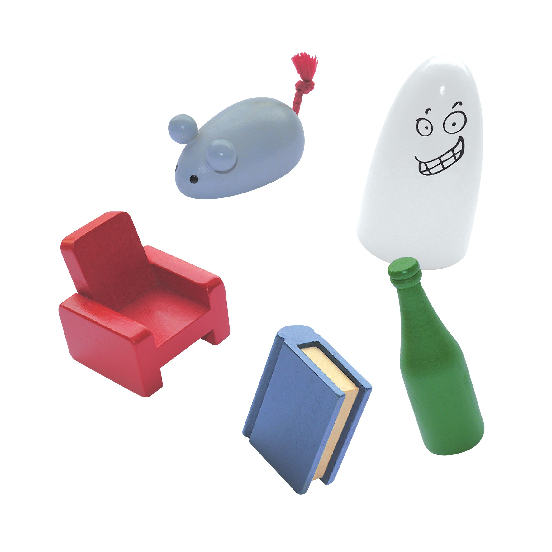 Różne elementy gry: mysz, duch, krzesło, książka i butelka.