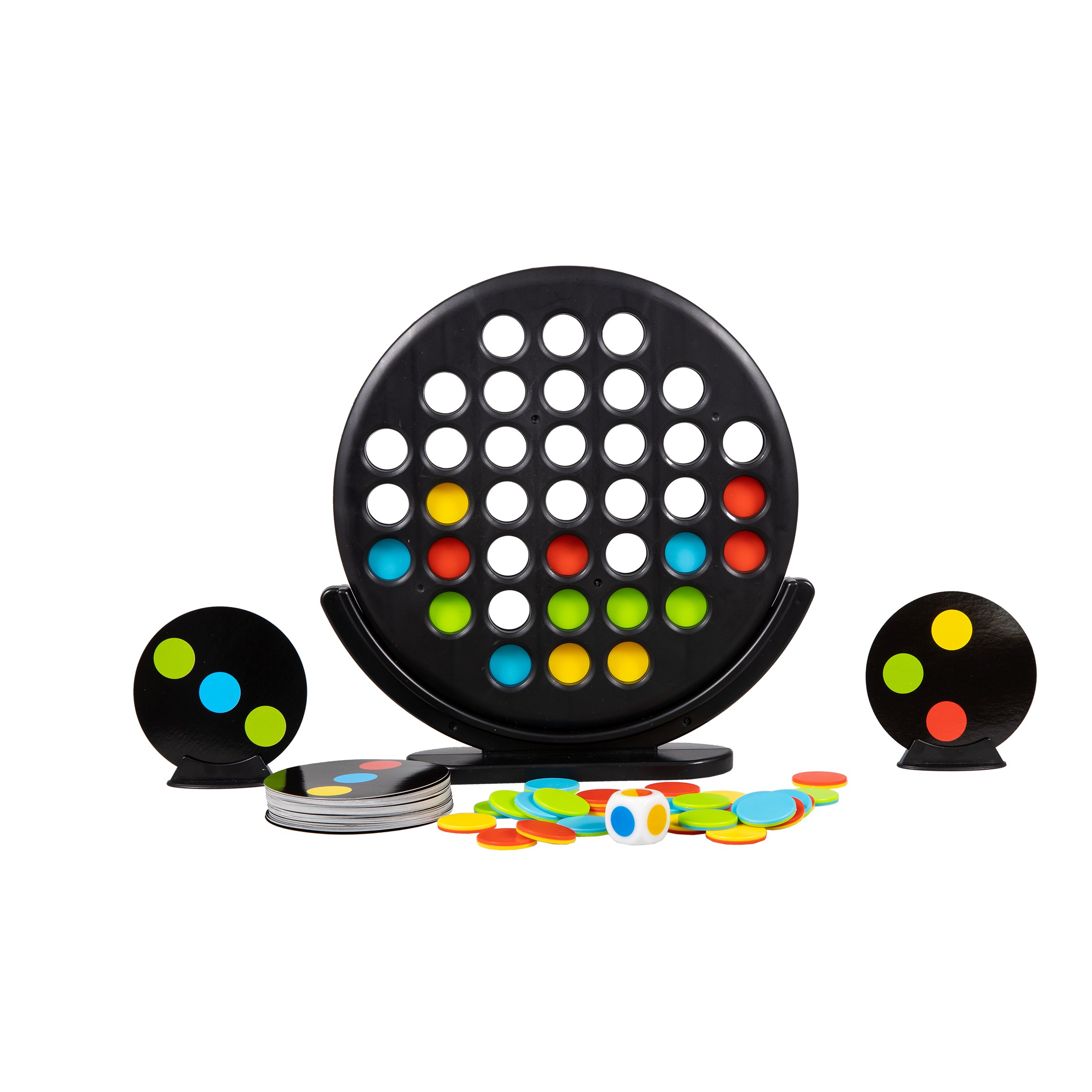 Connect 4 spelstukken, zwart frame met gekleurde gaten. Schijven in verschillende kleuren aanwezig.