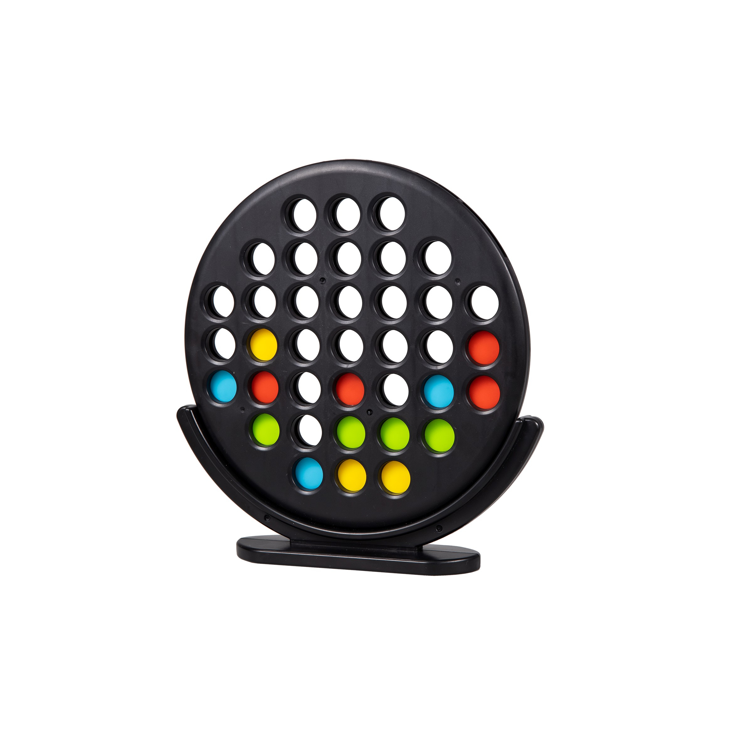 Connect 4 spel, zwart frame en gekleurde schijven. Spel op een witte achtergrond.