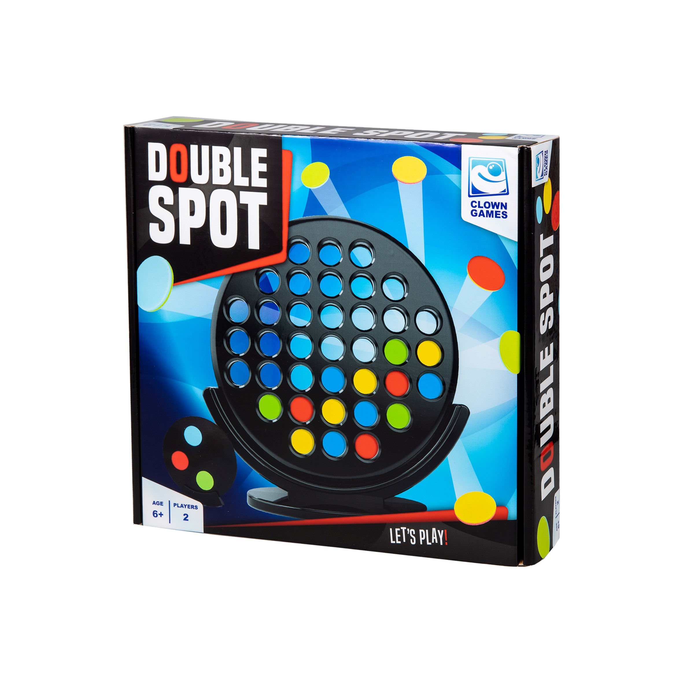 Een Double Spot-speldoos, zwarte voorkant met kleurrijke stippen en spelstukken.