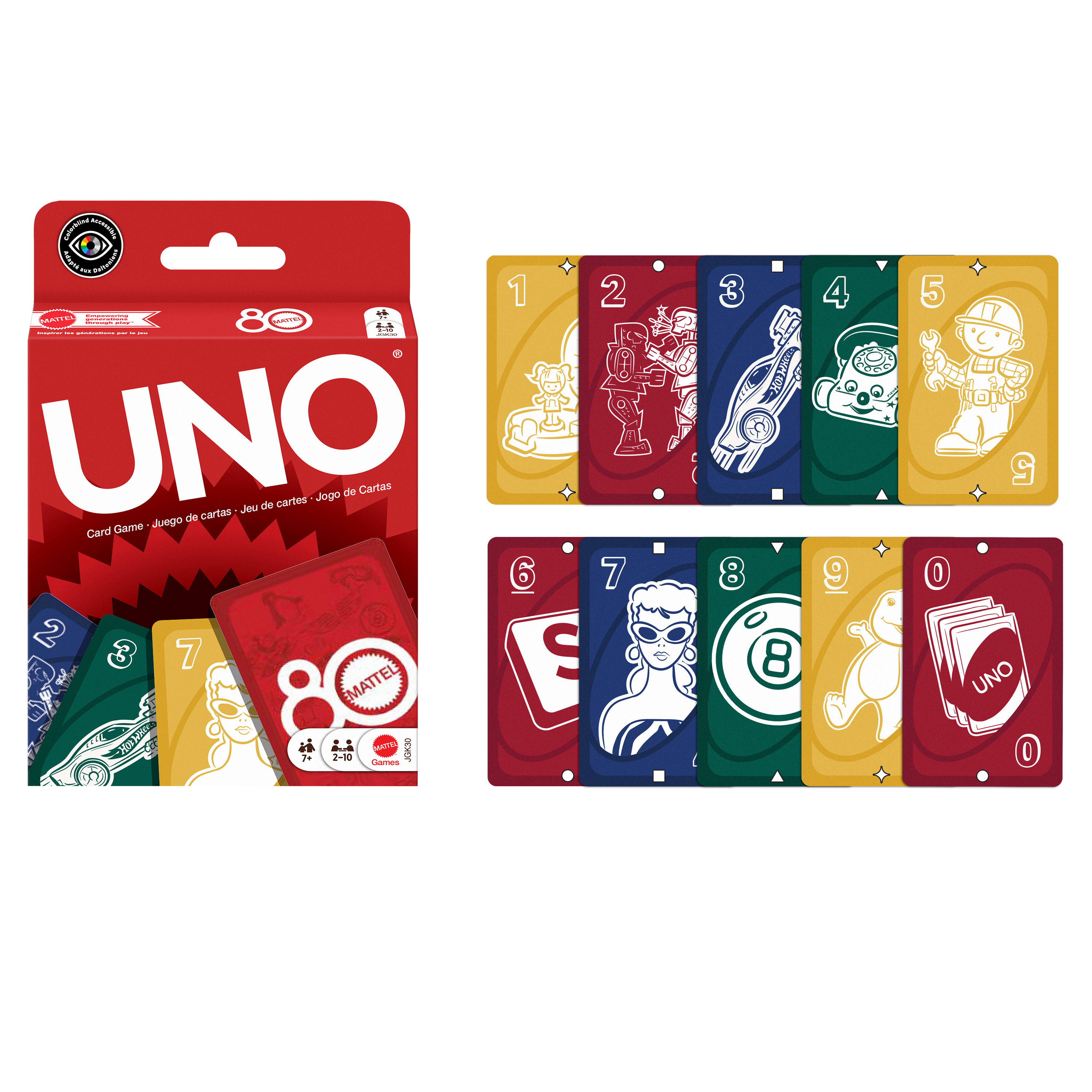 Een Uno-kaartspelset met verspreide kaarten en een doos op een witte achtergrond.
