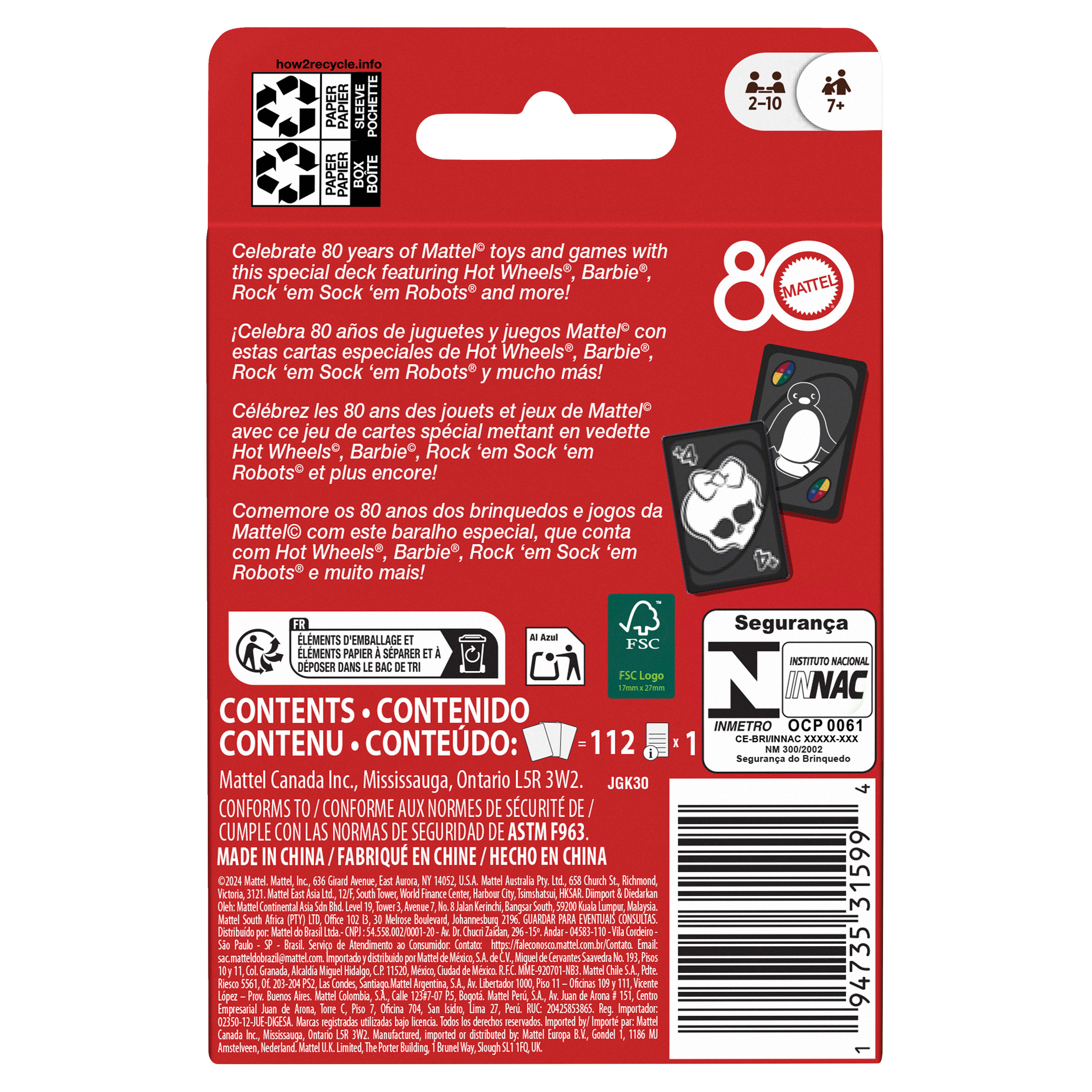 Achterkant van een Mattel 80th Anniversary kaartspeldoos met kaarten.