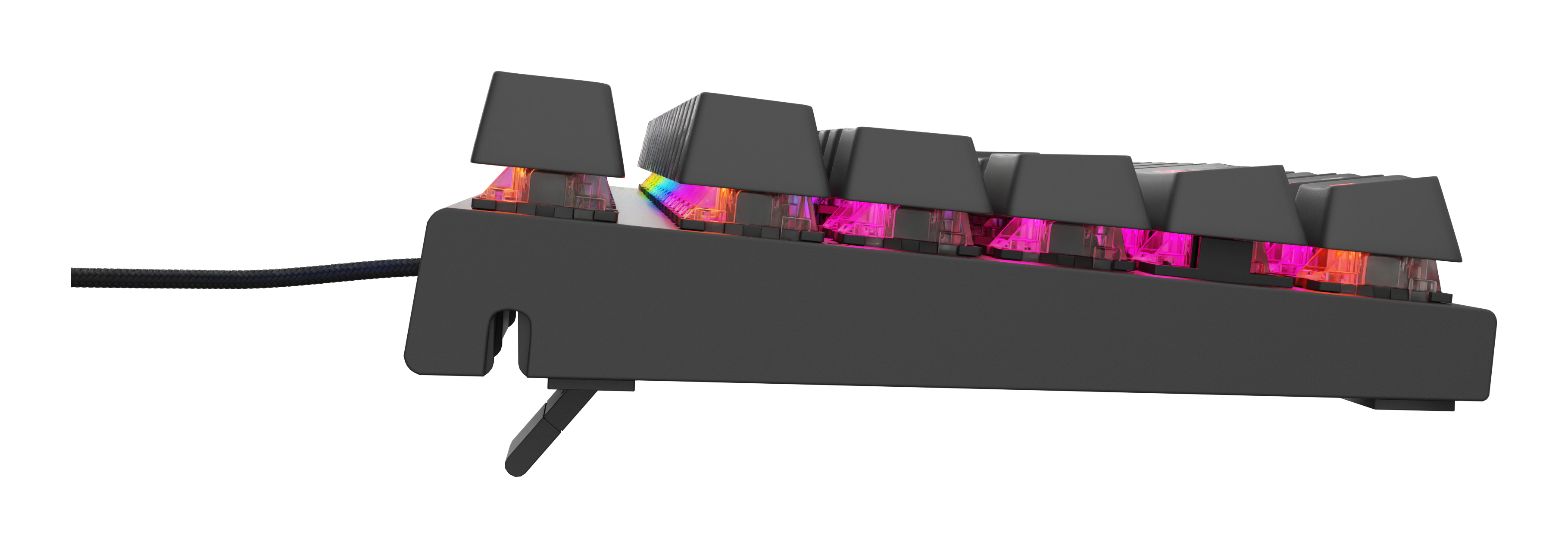 Czarna klawiatura z podświetlanymi klawiszami, widok z boku. Klawisze są czarne, światła kolorowe.
