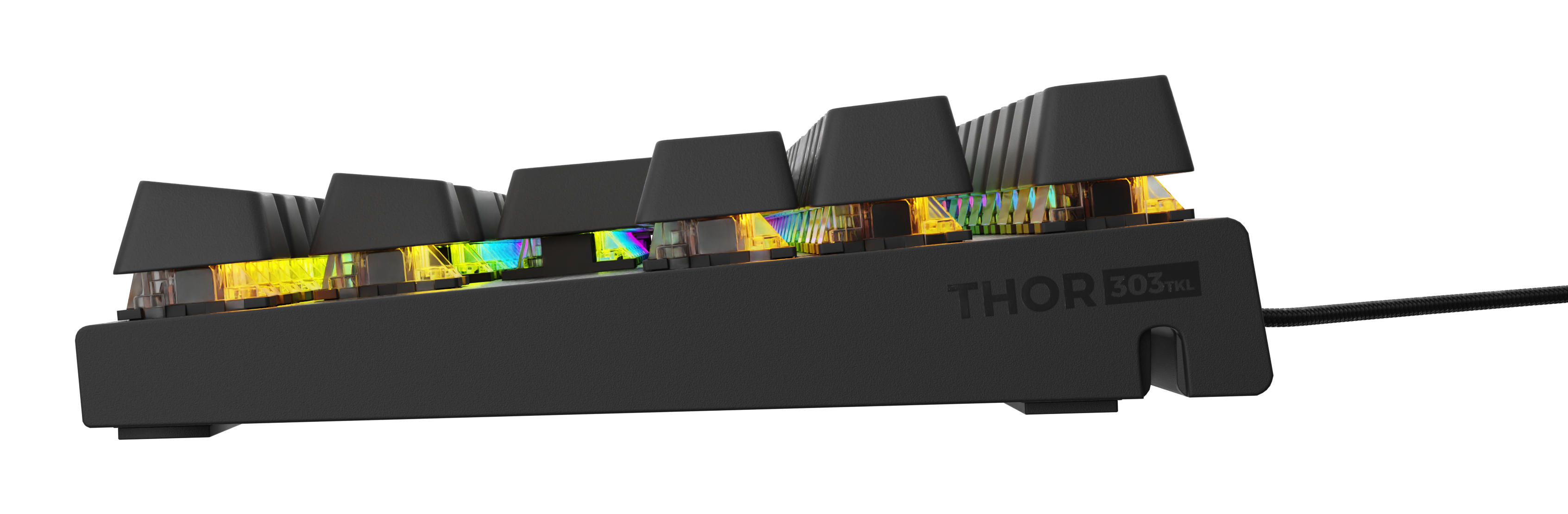 Widok z boku czarnej klawiatury, z podświetlanymi na tęczowo klawiszami. Marka to Thor 303 TKL.