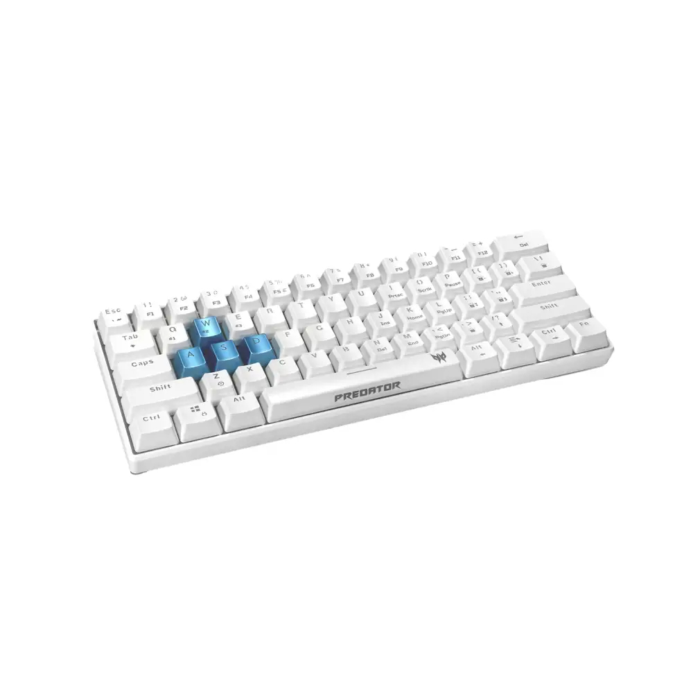 White keyboard with highlighted blue keys, brand Predator.