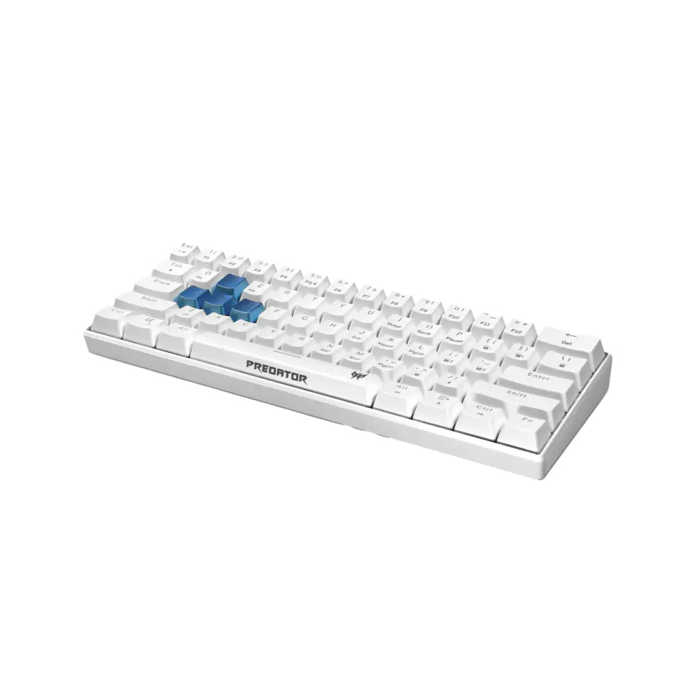 White keyboard with highlighted blue keys, brand name Predator.