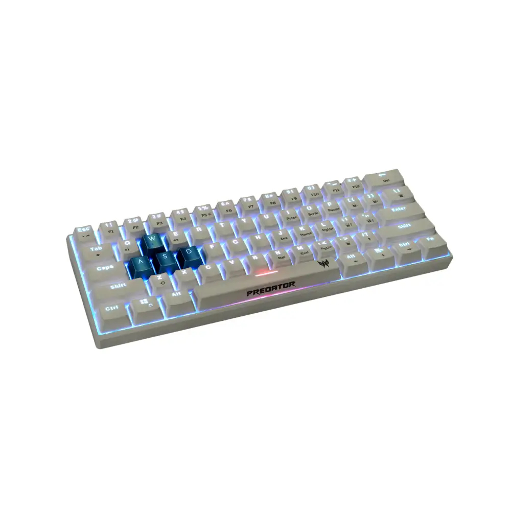 A white Predator keyboard with white keys and blue highlighted keys on a white surface.
