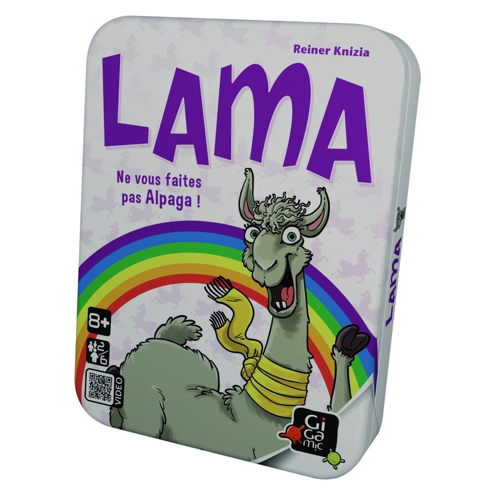 LAMA Kartenspielbox mit Lama-Illustration und Regenbogen. Die Box hat einen weißen Hintergrund.