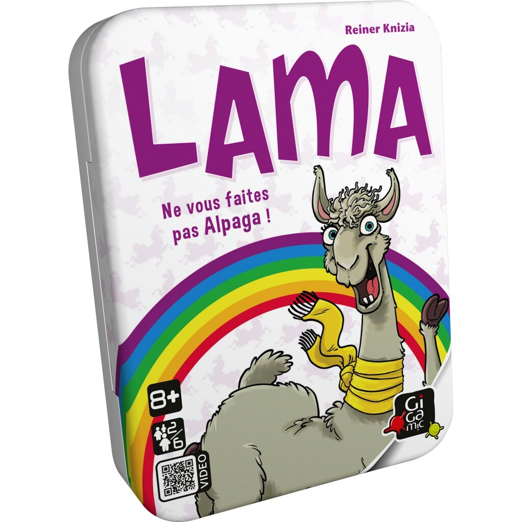 Brettspielbox "LAMA" mit Lama-Illustration, Regenbogen und Text. Weißer Hintergrund.