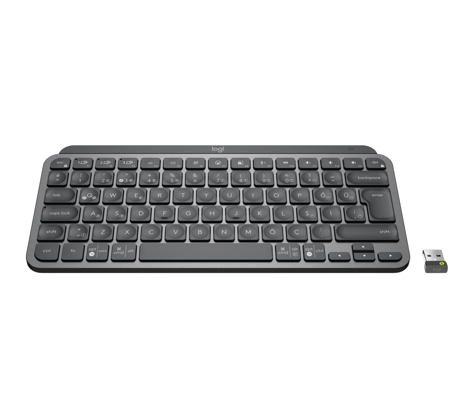 Küçük tuşlu gri bir klavye ve bir USB alıcısı. Marka adı Logi.