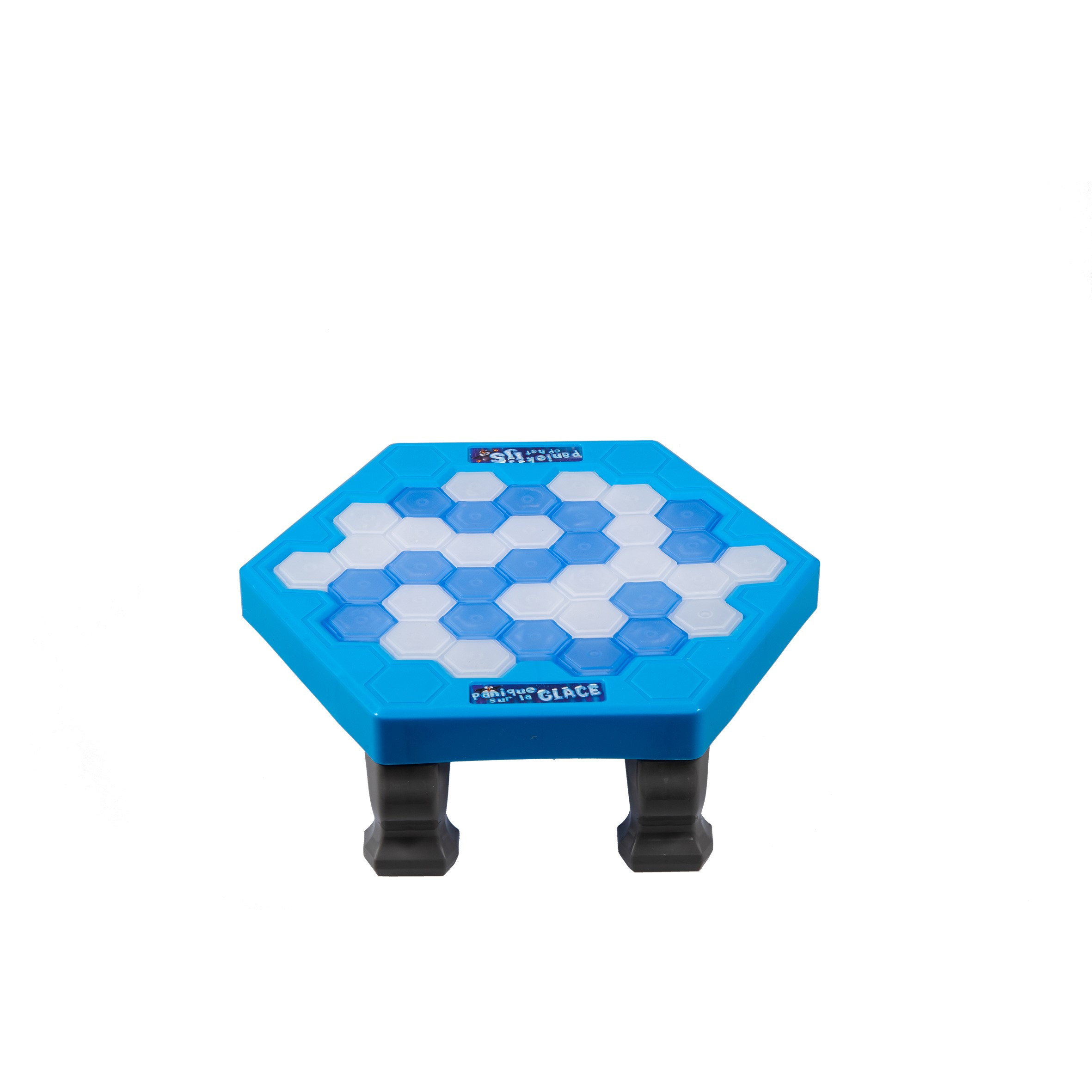 Een blauw spelbord met witte en blauwe zeshoekige tegels. Het staat op een blauw statief.