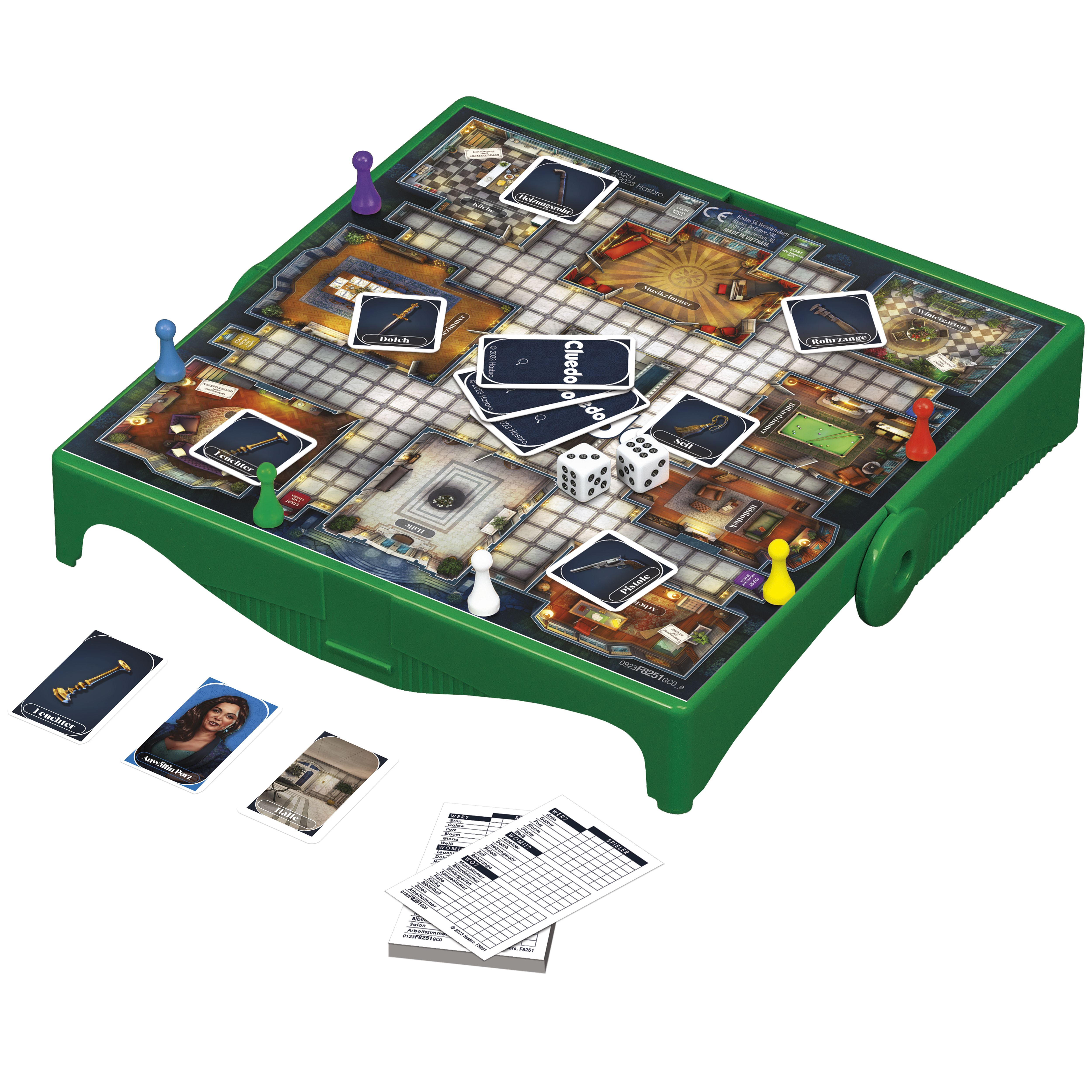Tabellone del gioco Cluedo con pedine, carte, dadi. Tabellone verde, sfondo bianco.