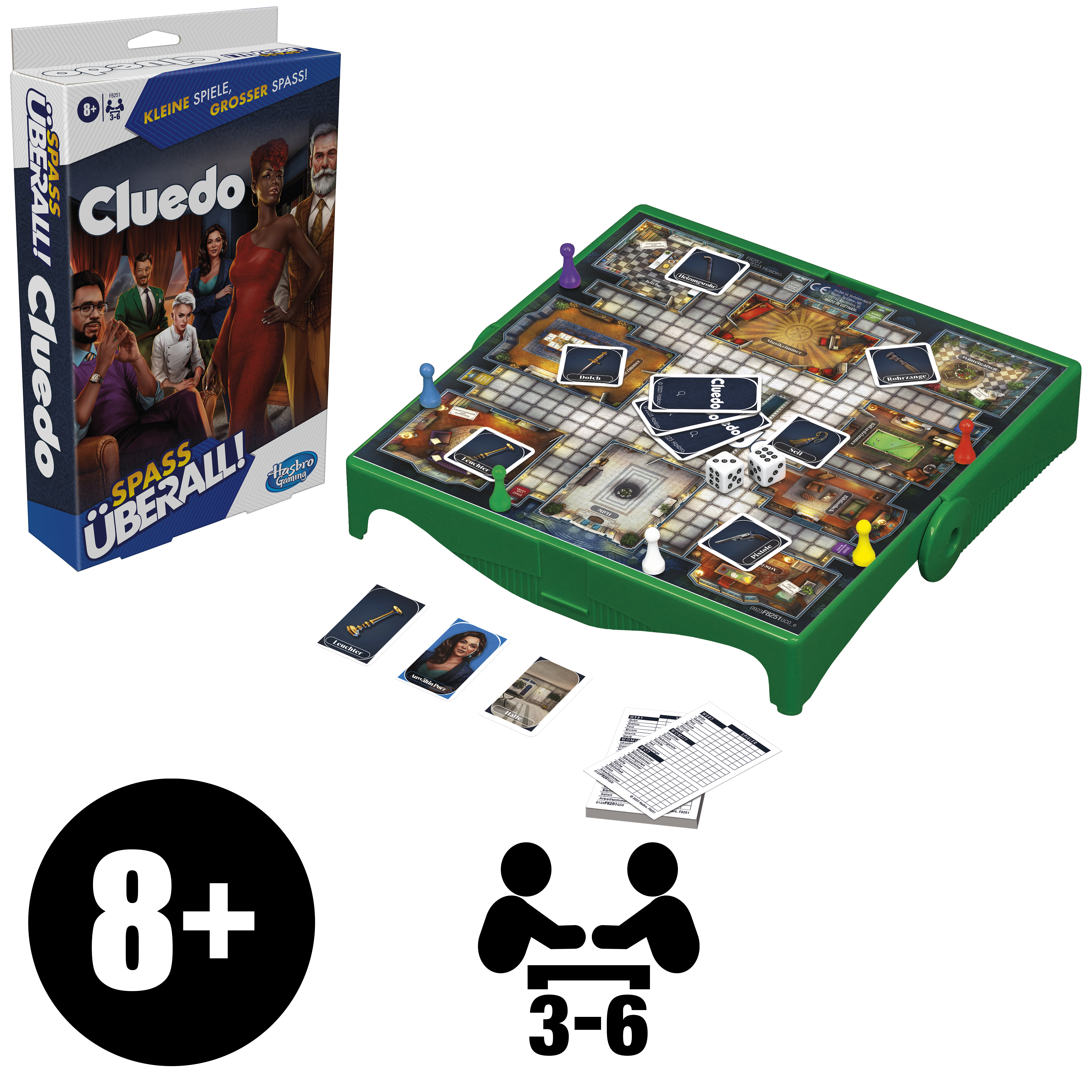 Una scatola del gioco Cluedo e il tabellone di gioco. La scatola mostra i personaggi. Il tabellone mostra stanze, figure e dadi.