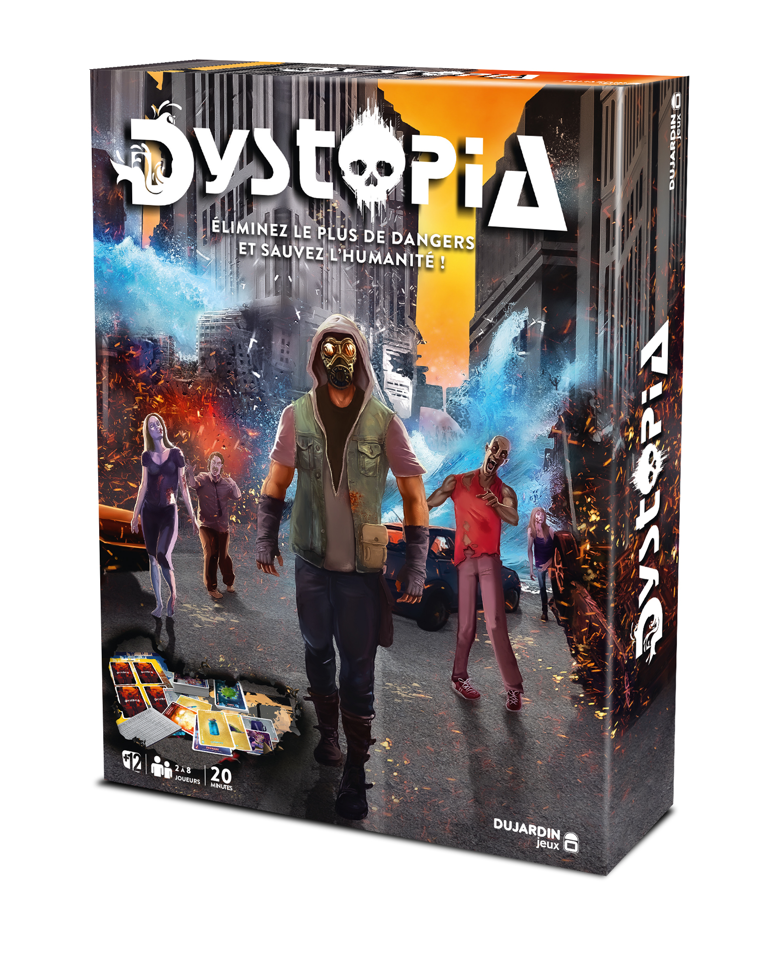 Eine Brettspielbox mit dem Titel Dystopie. Sie zeigt eine Stadtszene mit Figuren im Vordergrund.