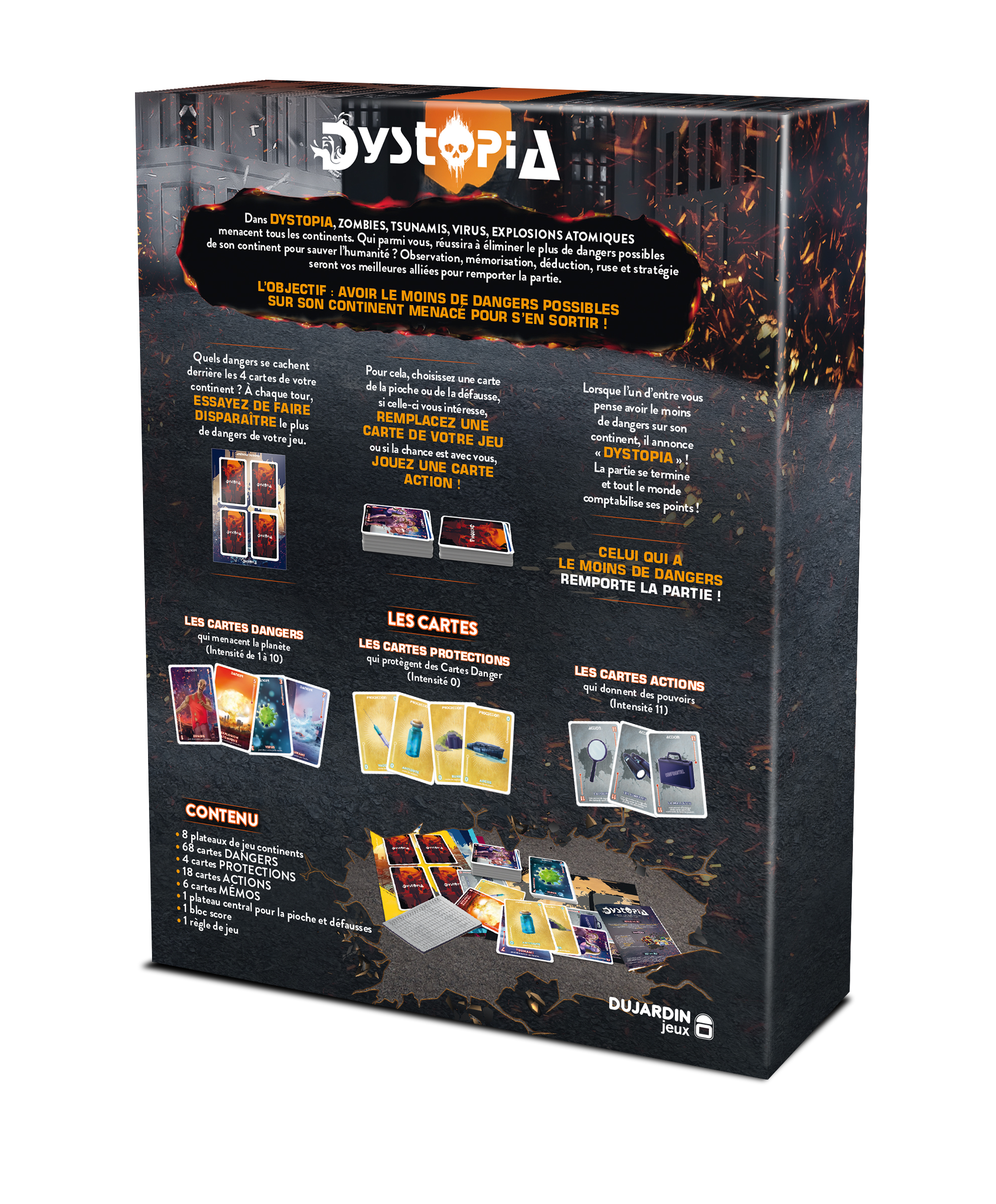 Rückseite der Dystopia-Spielbox mit Text und Kartenbildern. Der Hintergrund ist orange.