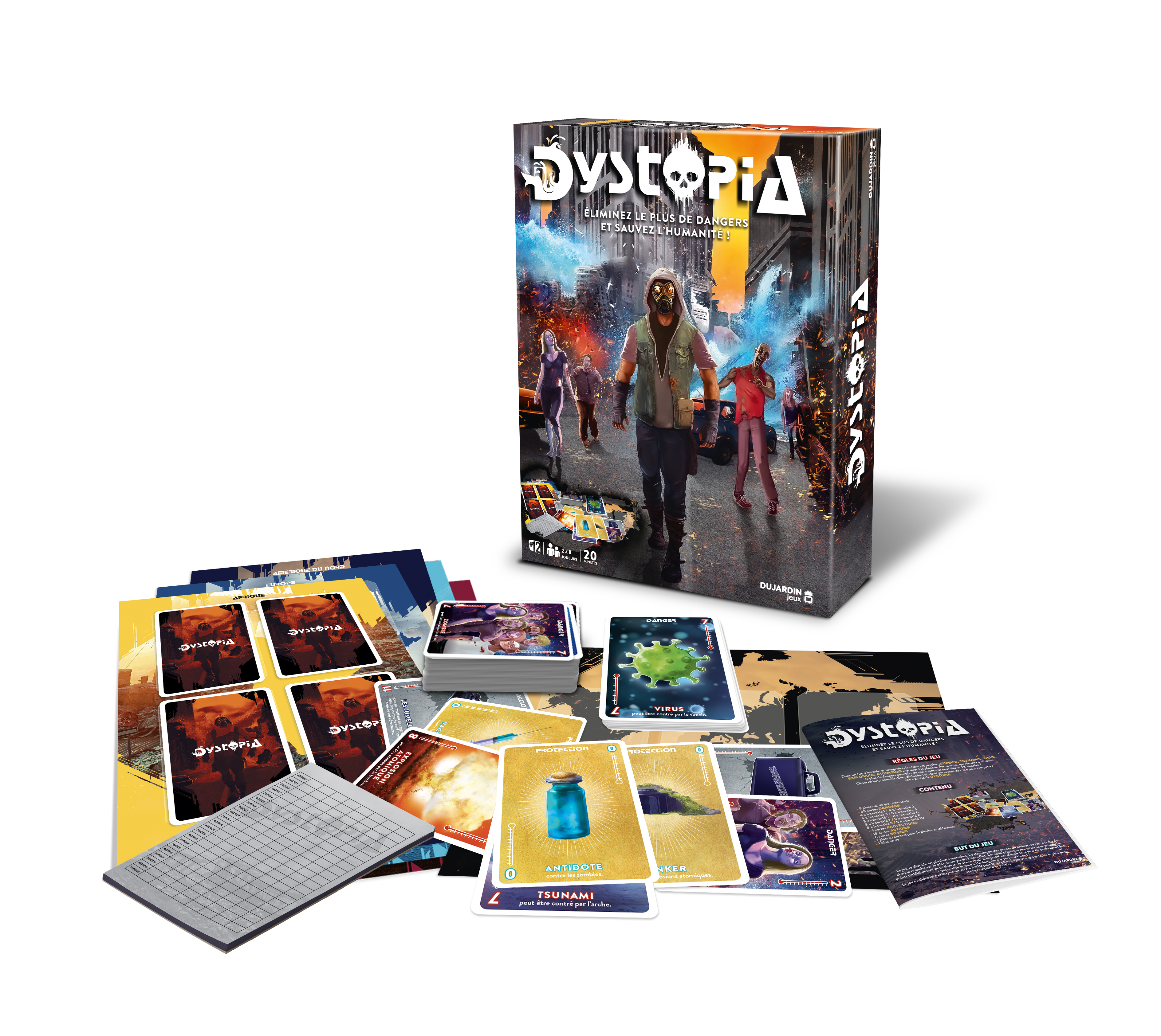 Dystopia Brettspielbox und Inhalt. Die Box zeigt Menschen in einer postapokalyptischen Umgebung. Karten und Brett sind sichtbar.