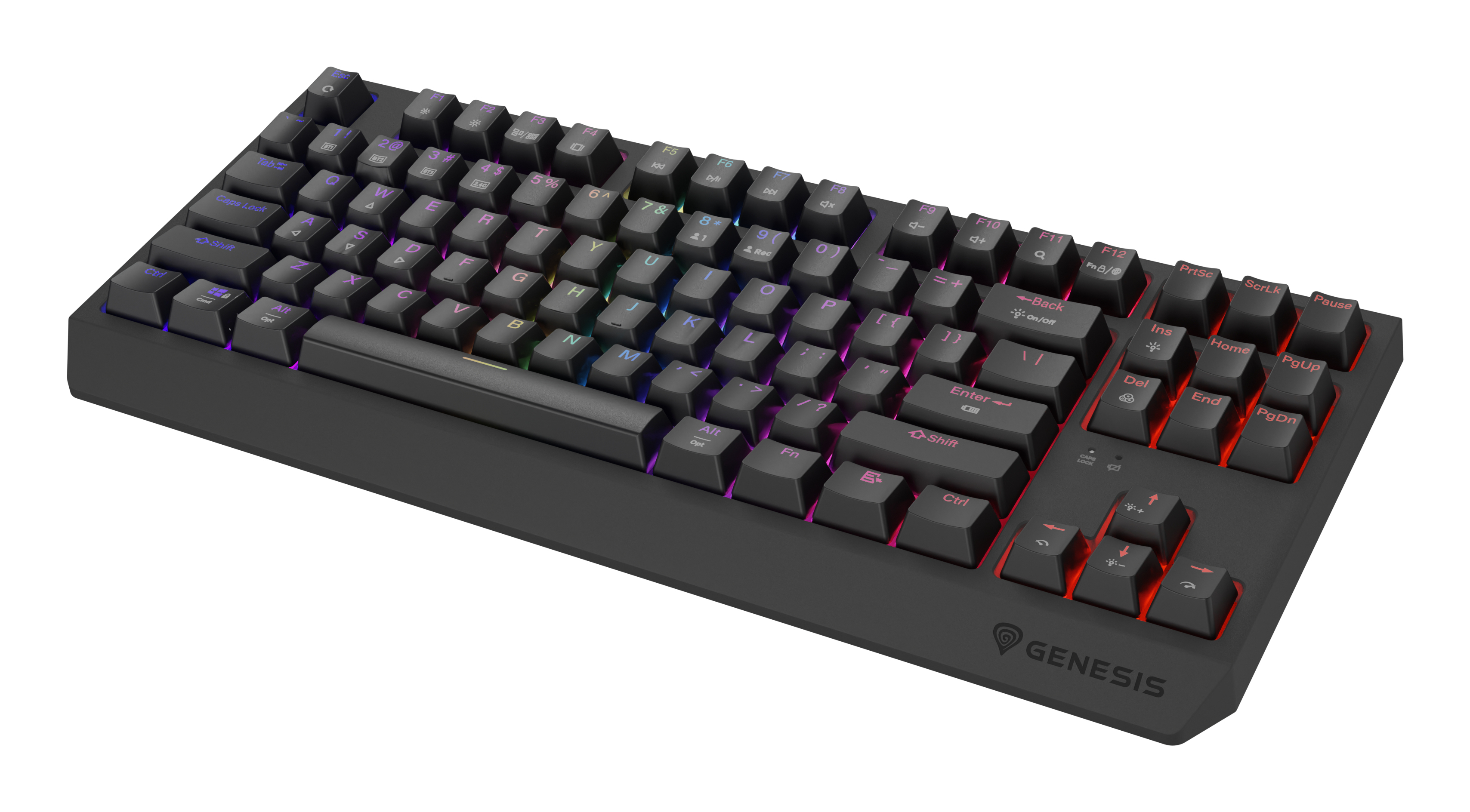Un clavier noir avec des touches éclairées de différentes couleurs sur fond blanc.