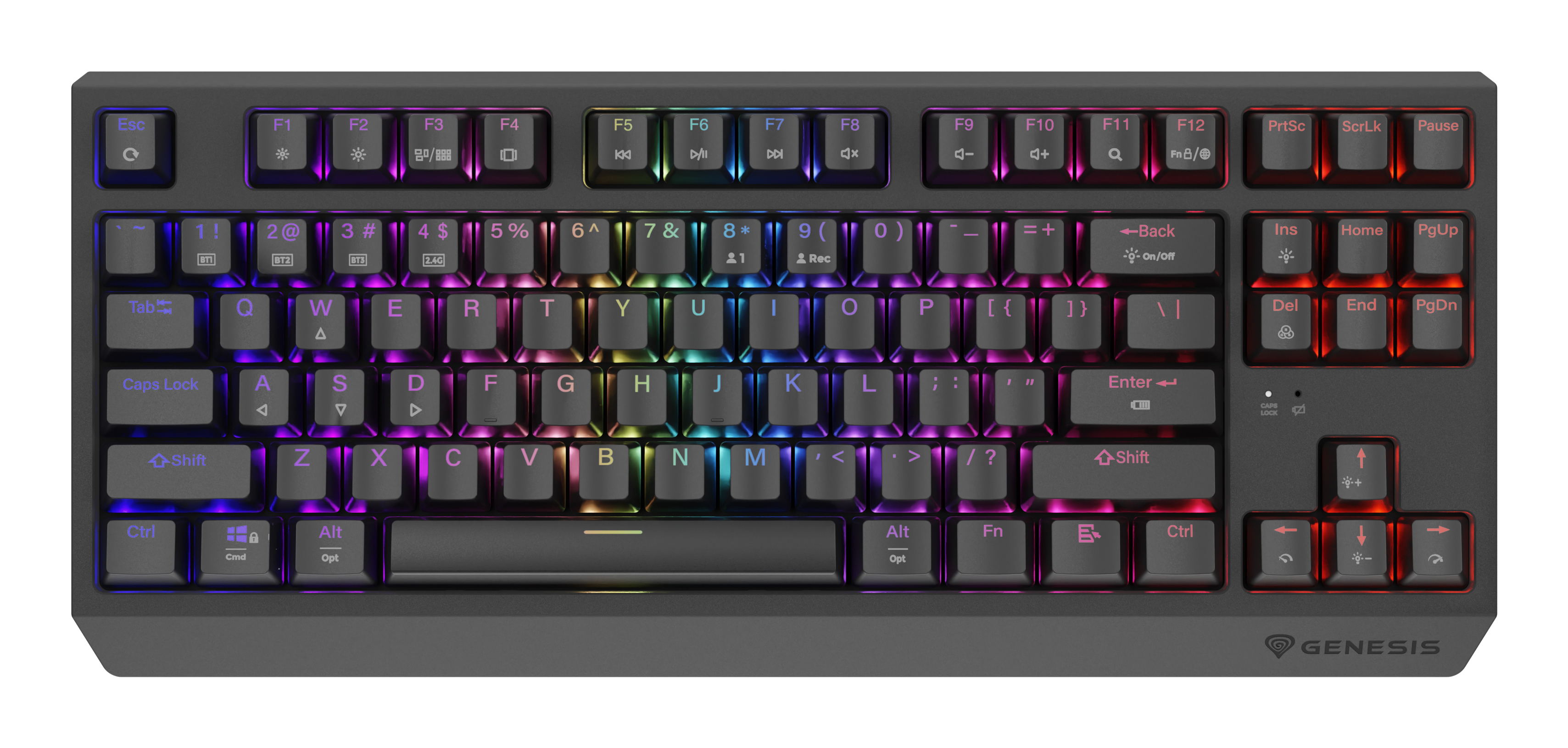 Clavier RGB avec des lumières colorées. Les touches sont gris foncé et le fond est blanc.