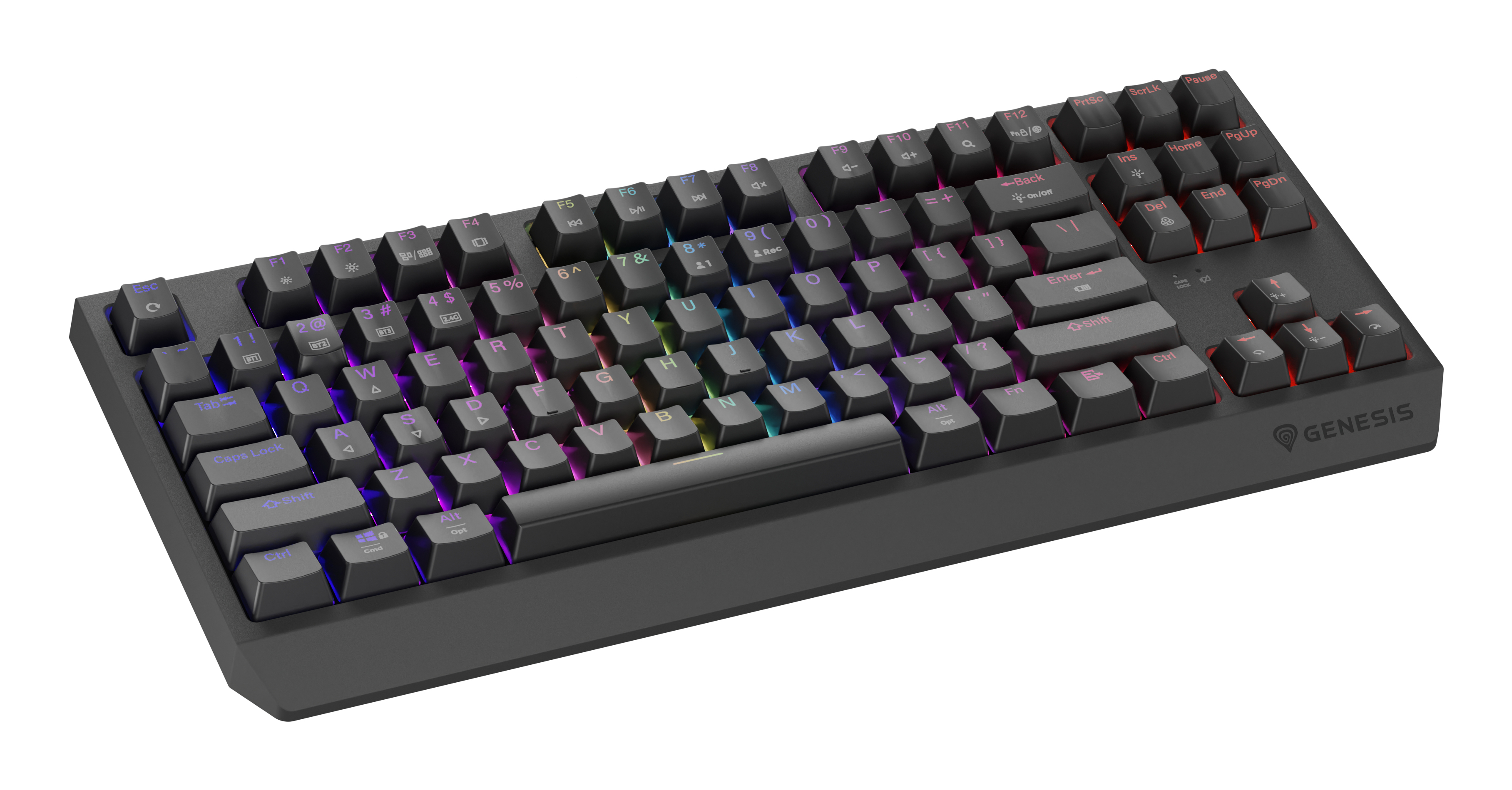 Clavier noir avec touches colorées, sur fond blanc.